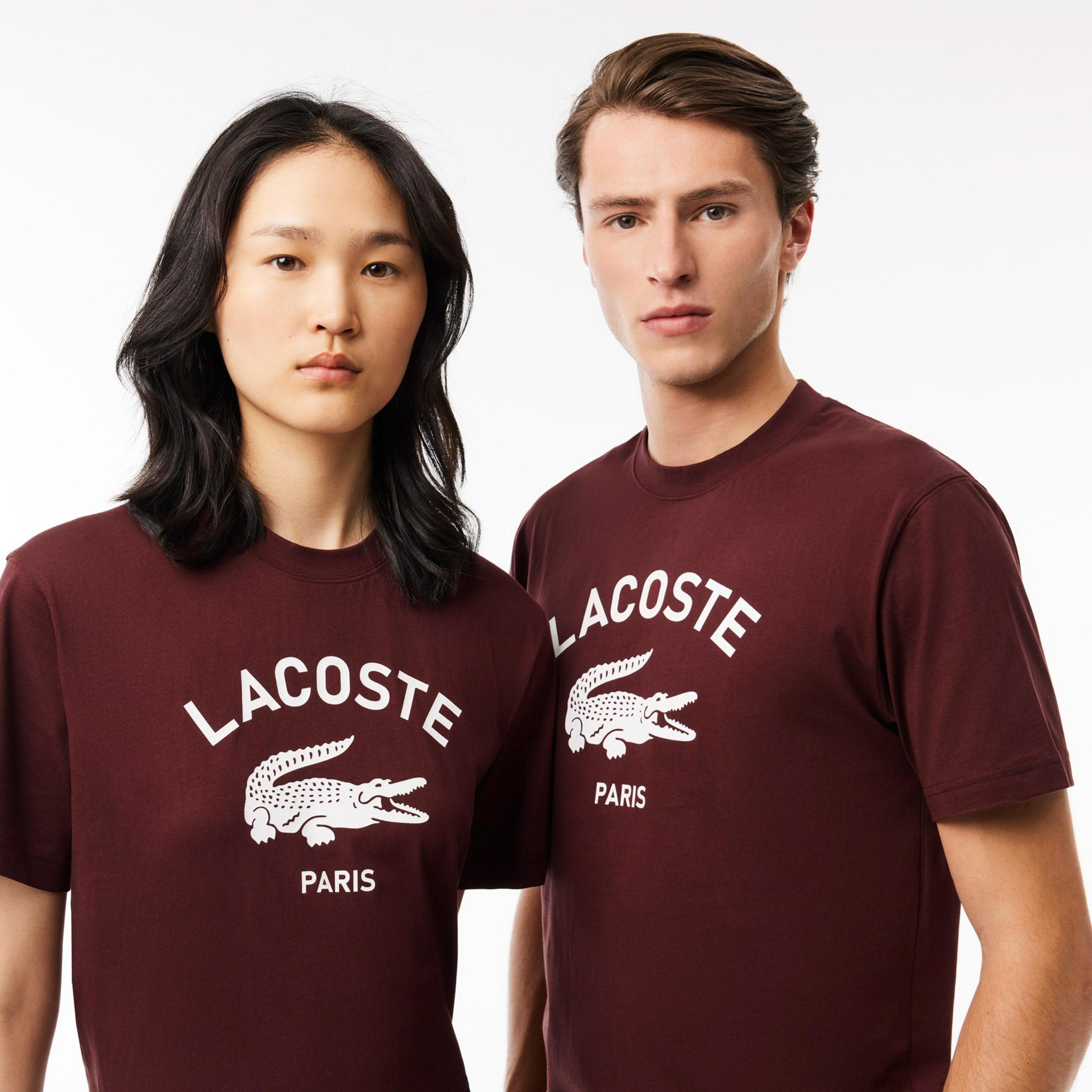 Lacoste Unisex Classic Fit Bisiklet Yaka Baskılı Bordo T-Shirt