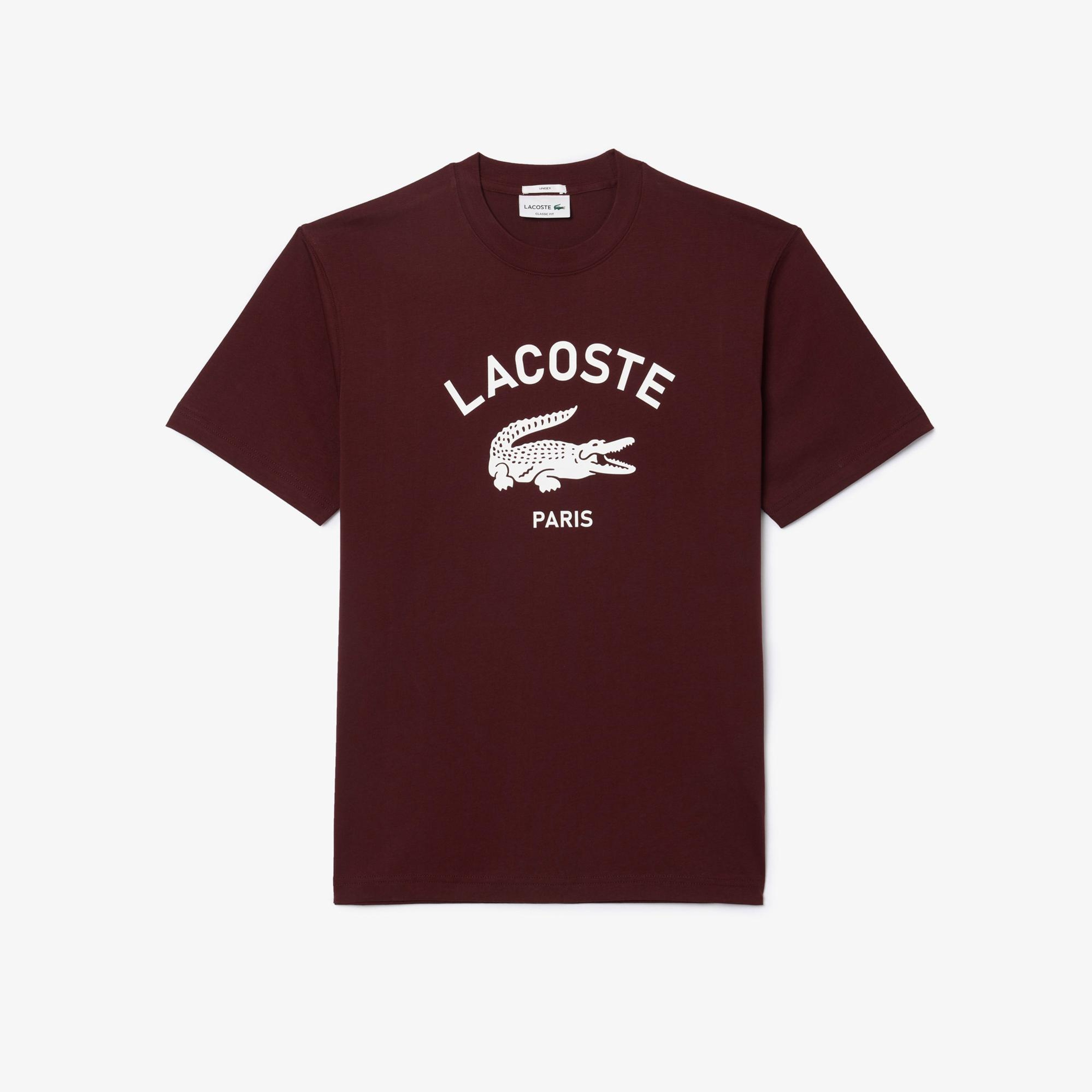 Lacoste Unisex Classic Fit Bisiklet Yaka Baskılı Bordo T-Shirt