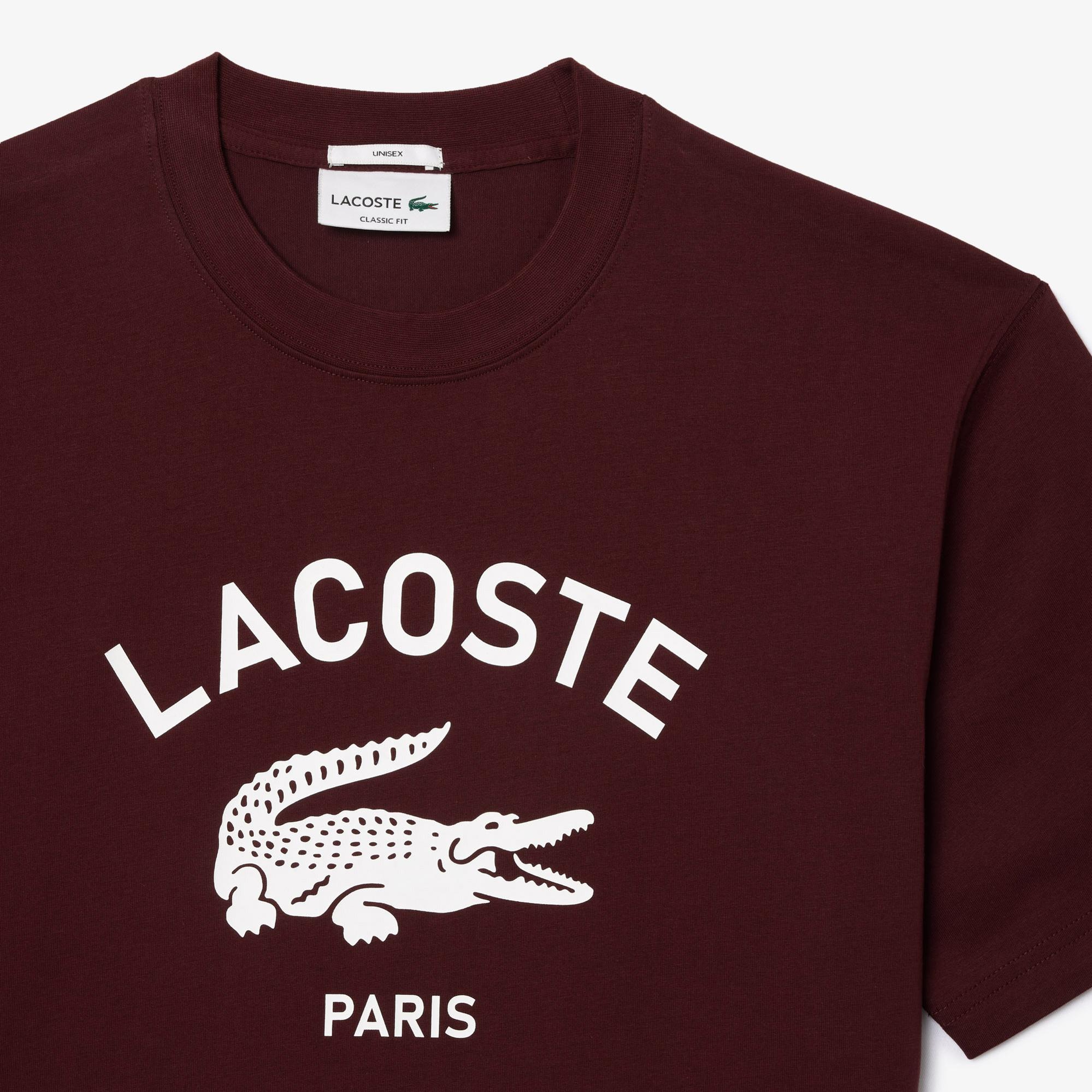 Lacoste Unisex Classic Fit Bisiklet Yaka Baskılı Bordo T-Shirt