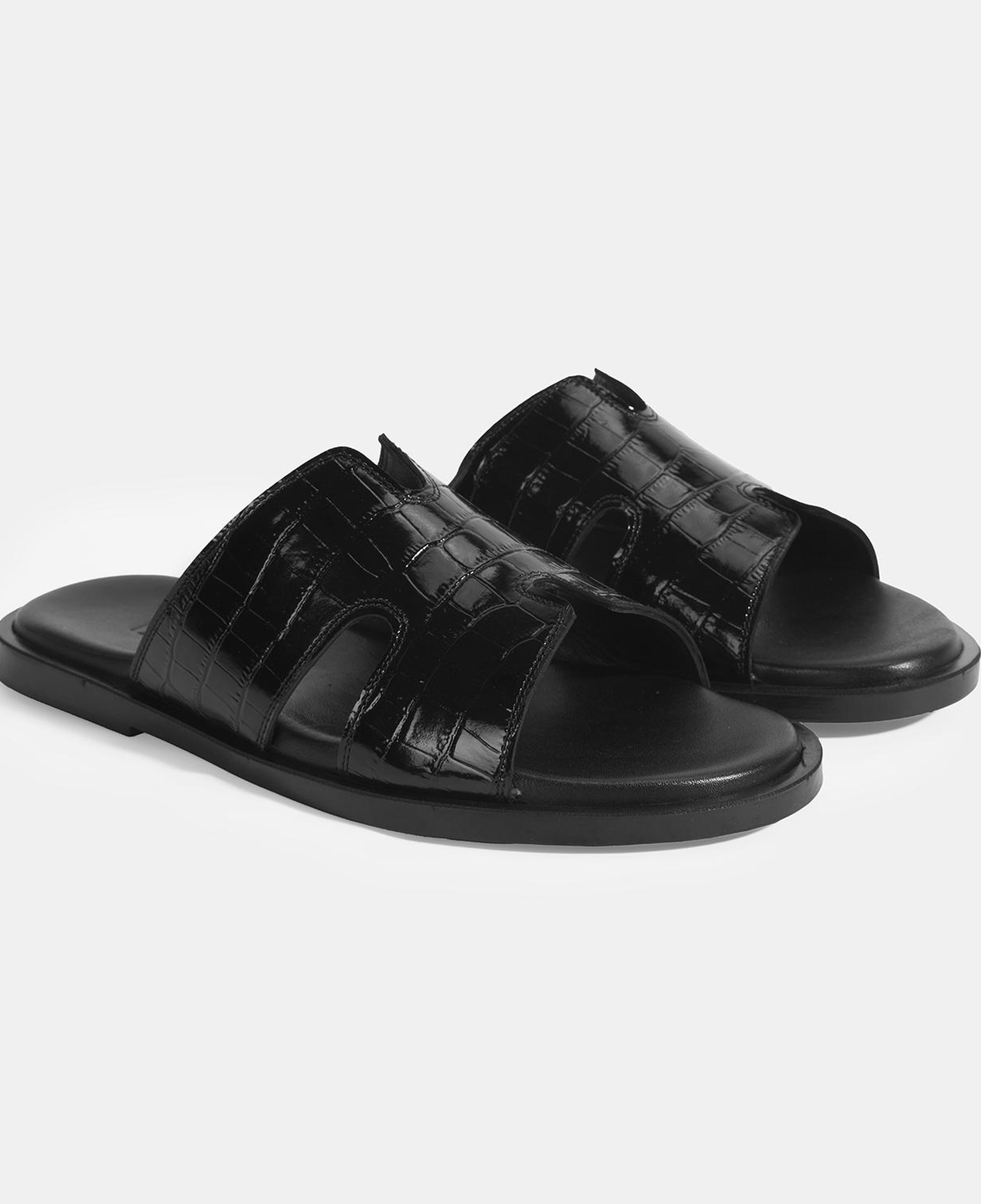 Erkek Siyah Kroko Desenli Deri Terlik