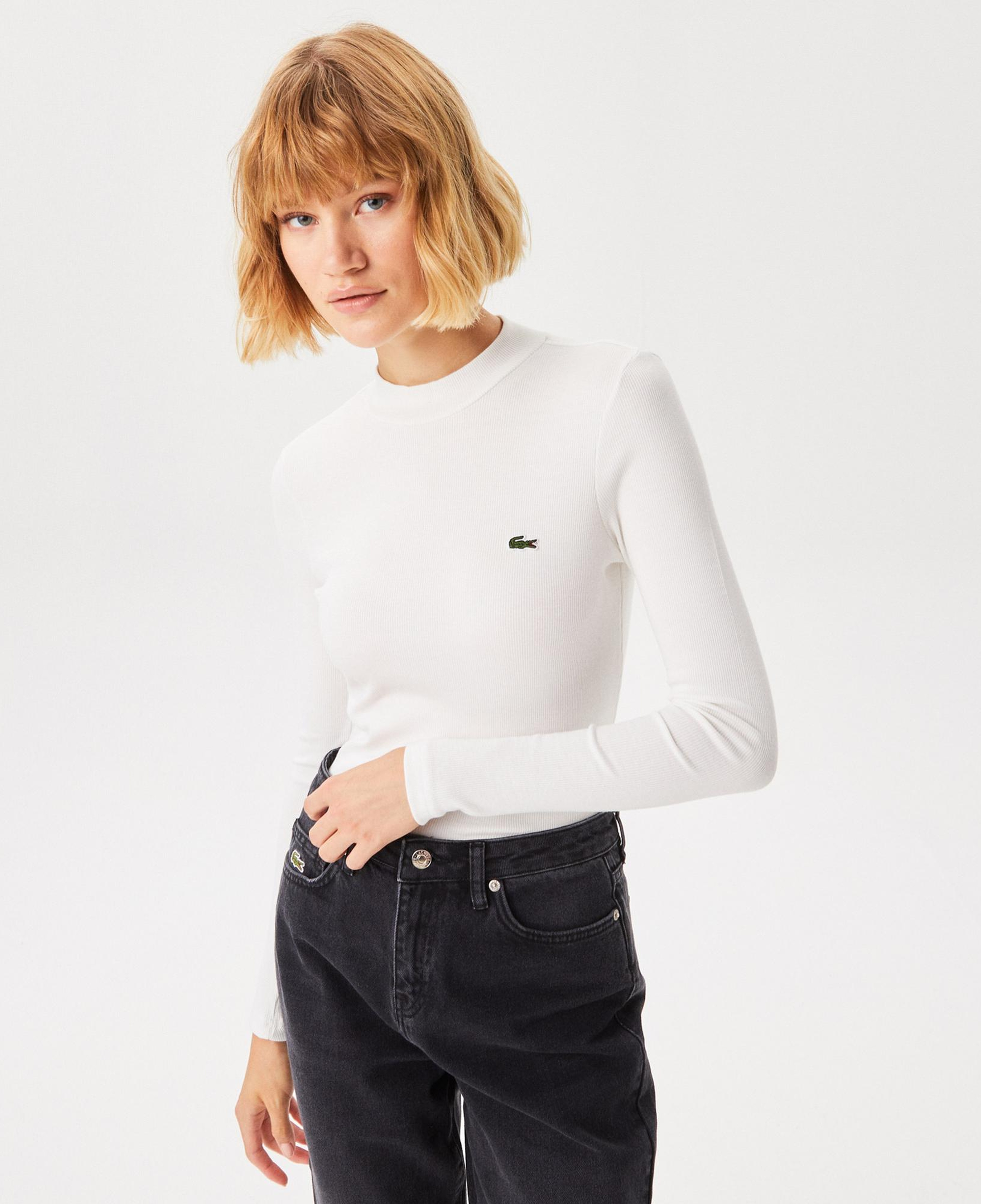 Lacoste Kadın Slim Fit Uzun Kollu Bisiklet Yaka Beyaz T-Shirt