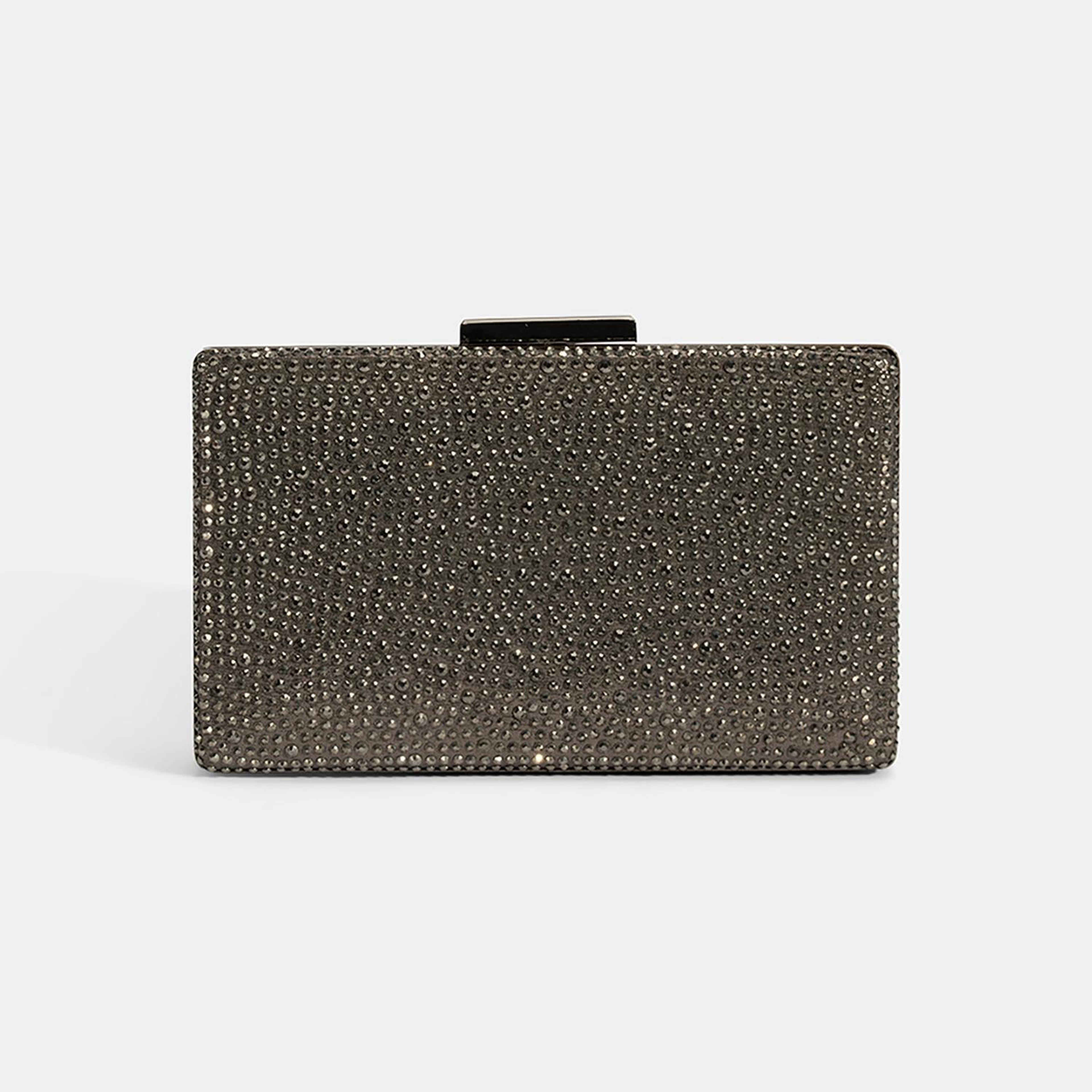 Kadın Antrasit Gümüş Taş Detaylı Gece El Çantası