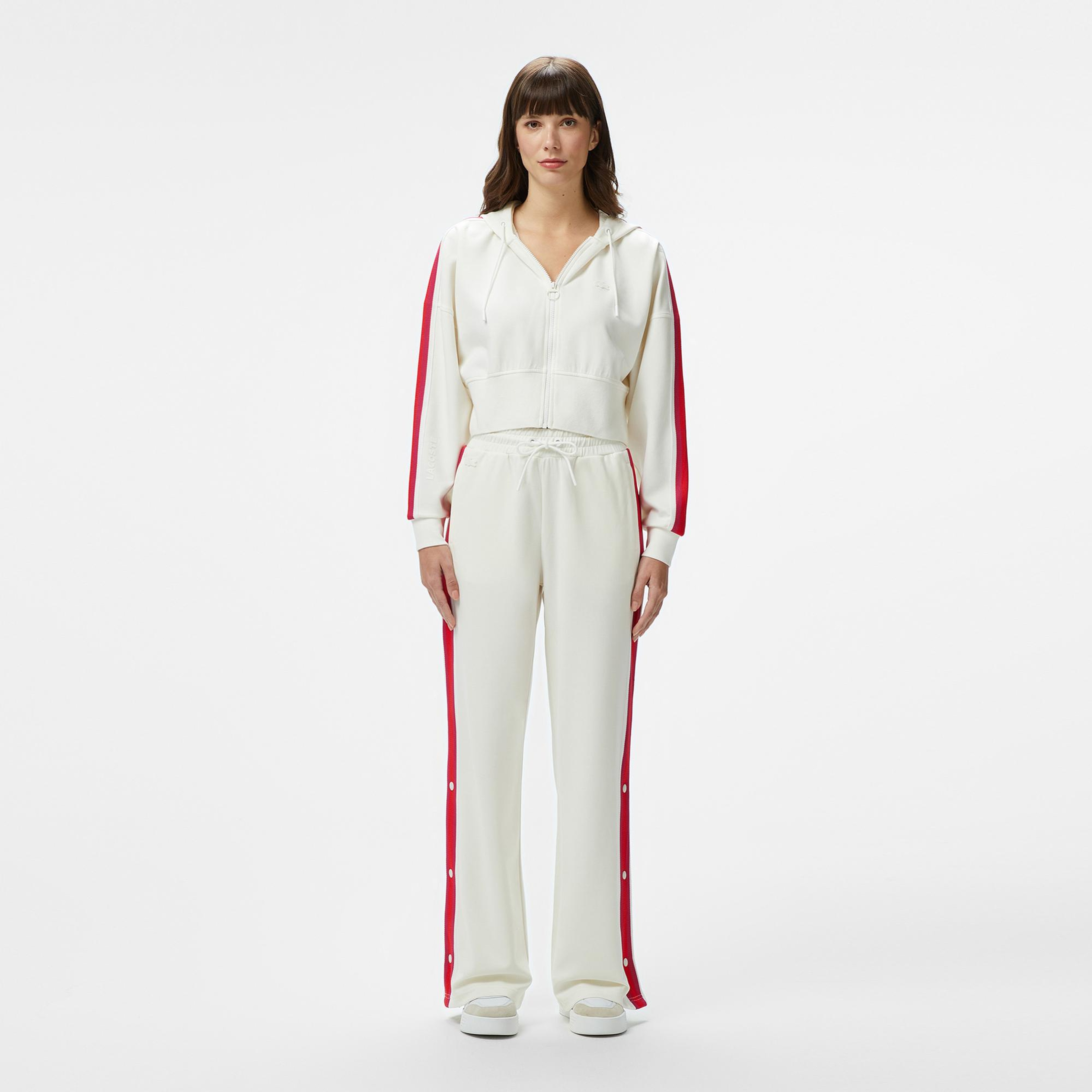 Lacoste Kadın Crop Fit Fermuarlı Renk Bloklu Beyaz Sweatshirt