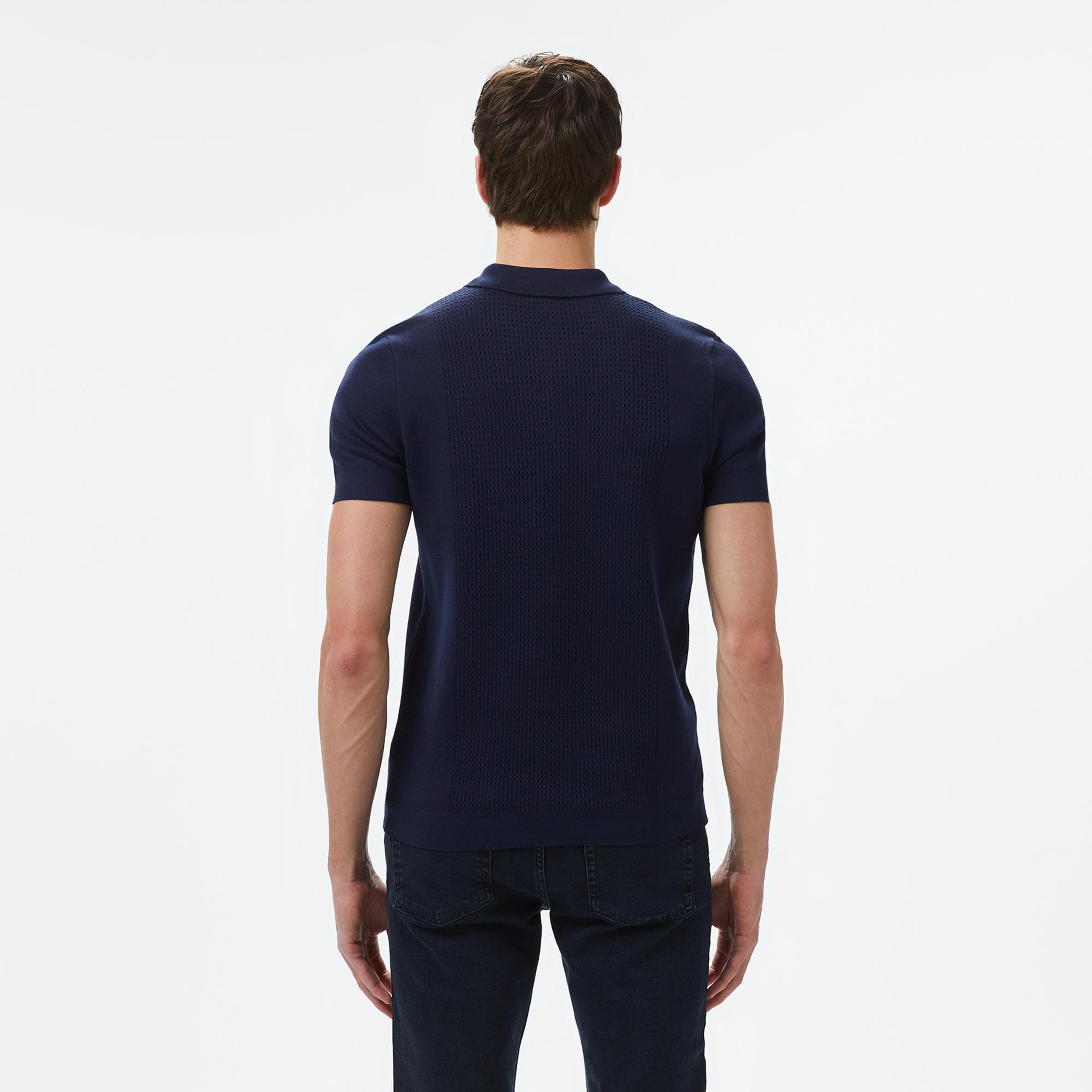 Lacoste Erkek Kısa Kollu Yarım Fermuarlı Lacivert Triko