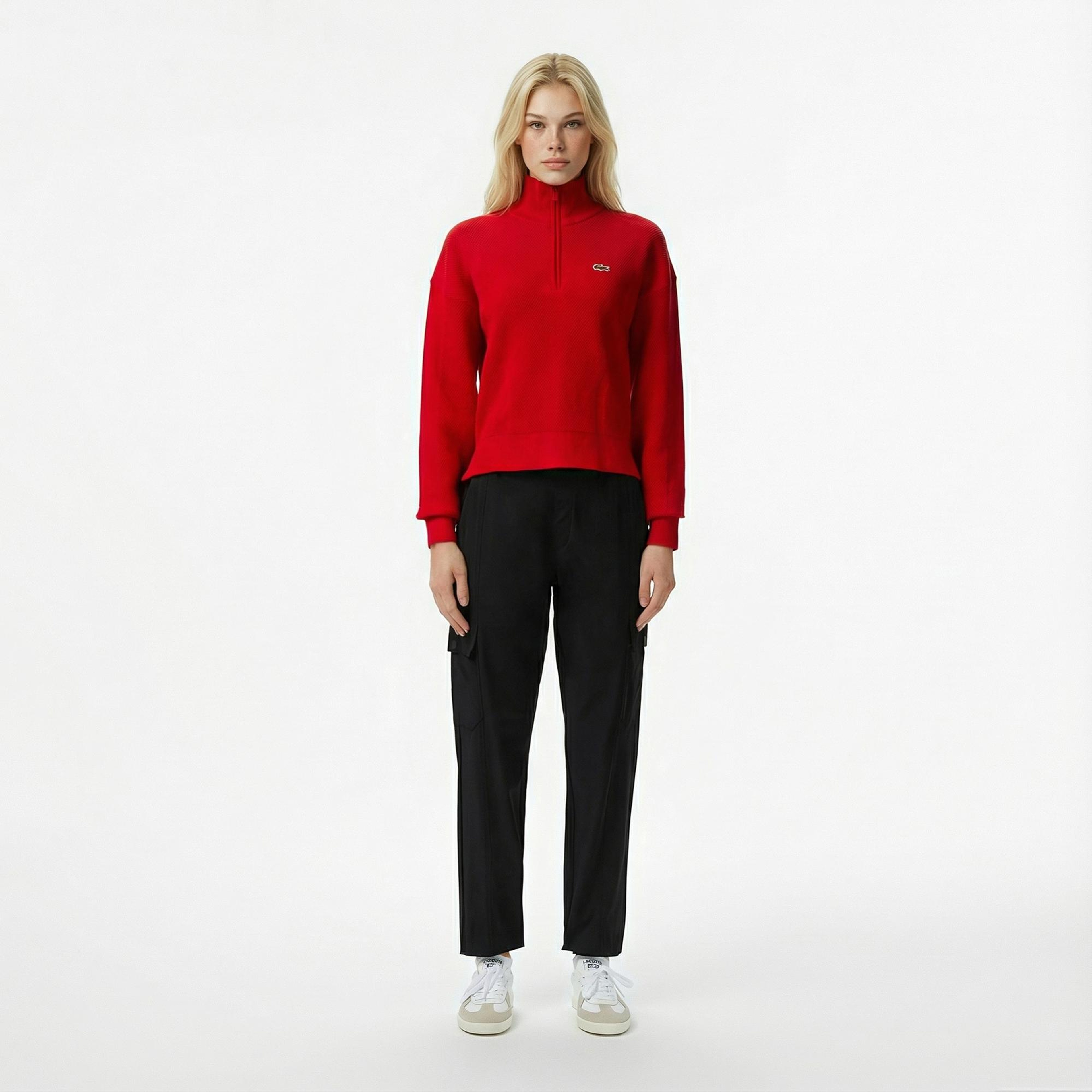 Lacoste Kadın Relaxed Fit Yarım Fermuarlı Kırmızı Kazak