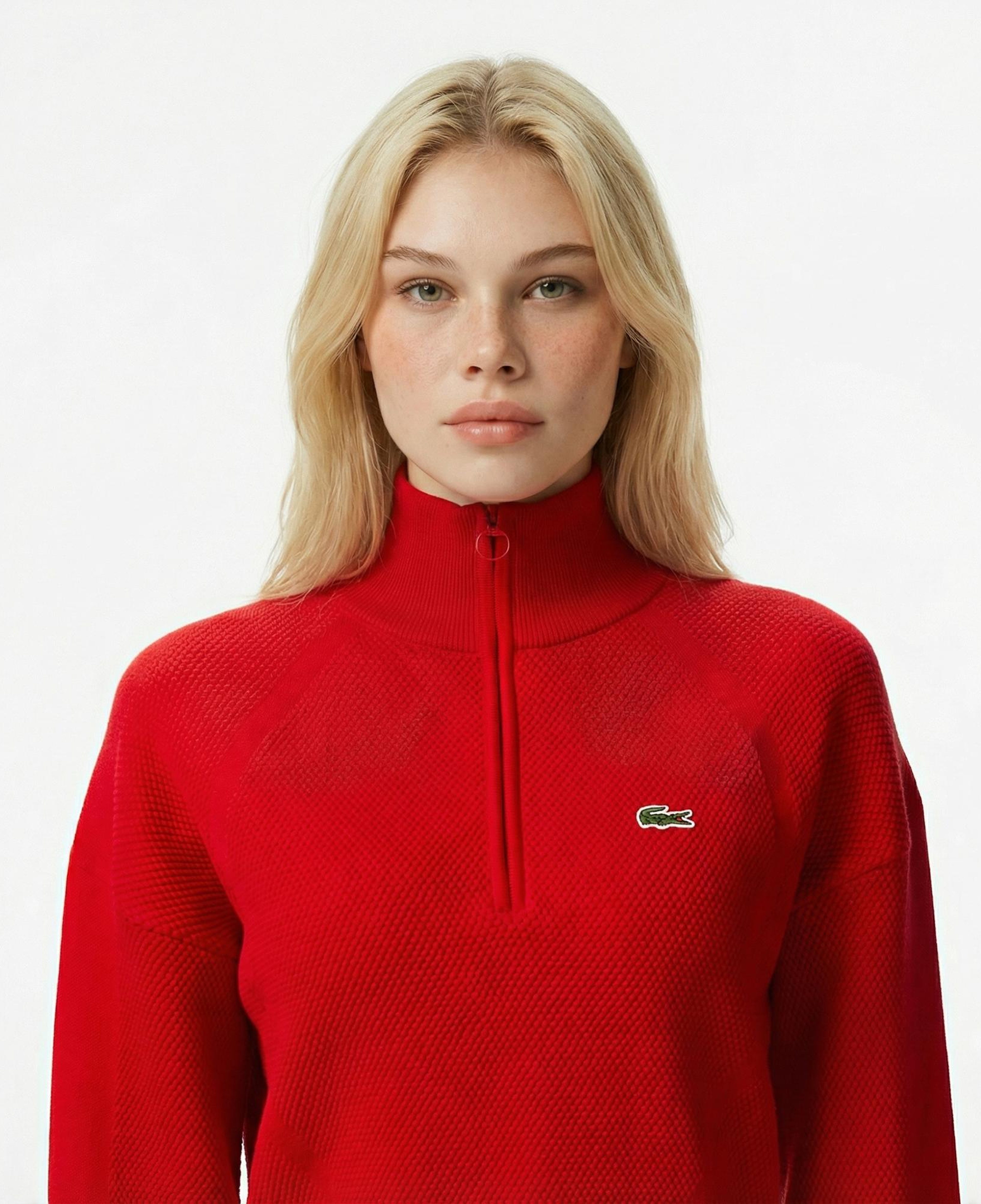 Lacoste Kadın Relaxed Fit Yarım Fermuarlı Kırmızı Kazak