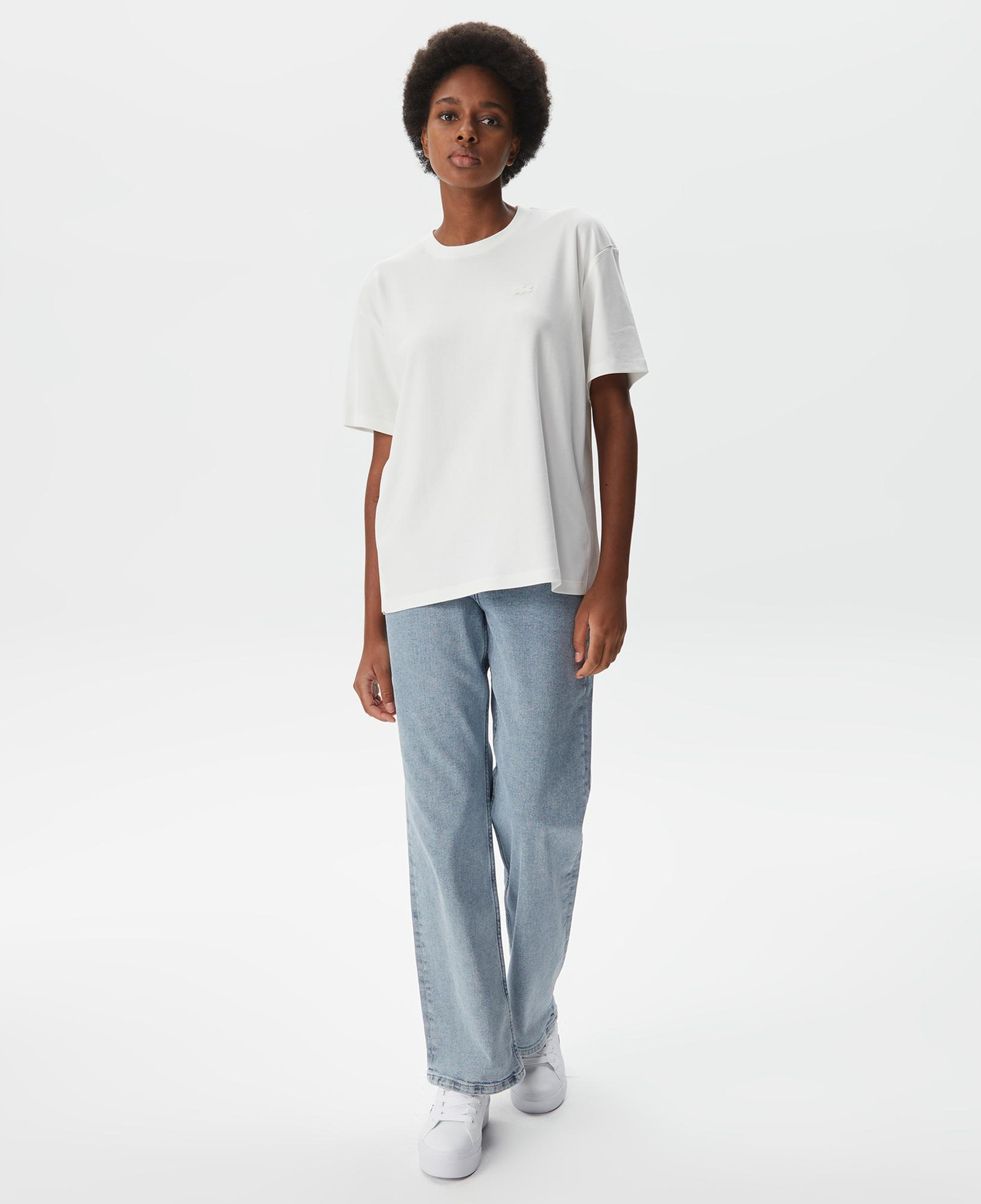 Lacoste Kadın Relaxed Fit Bisiklet Yaka Koyu Beyaz T-Shirt