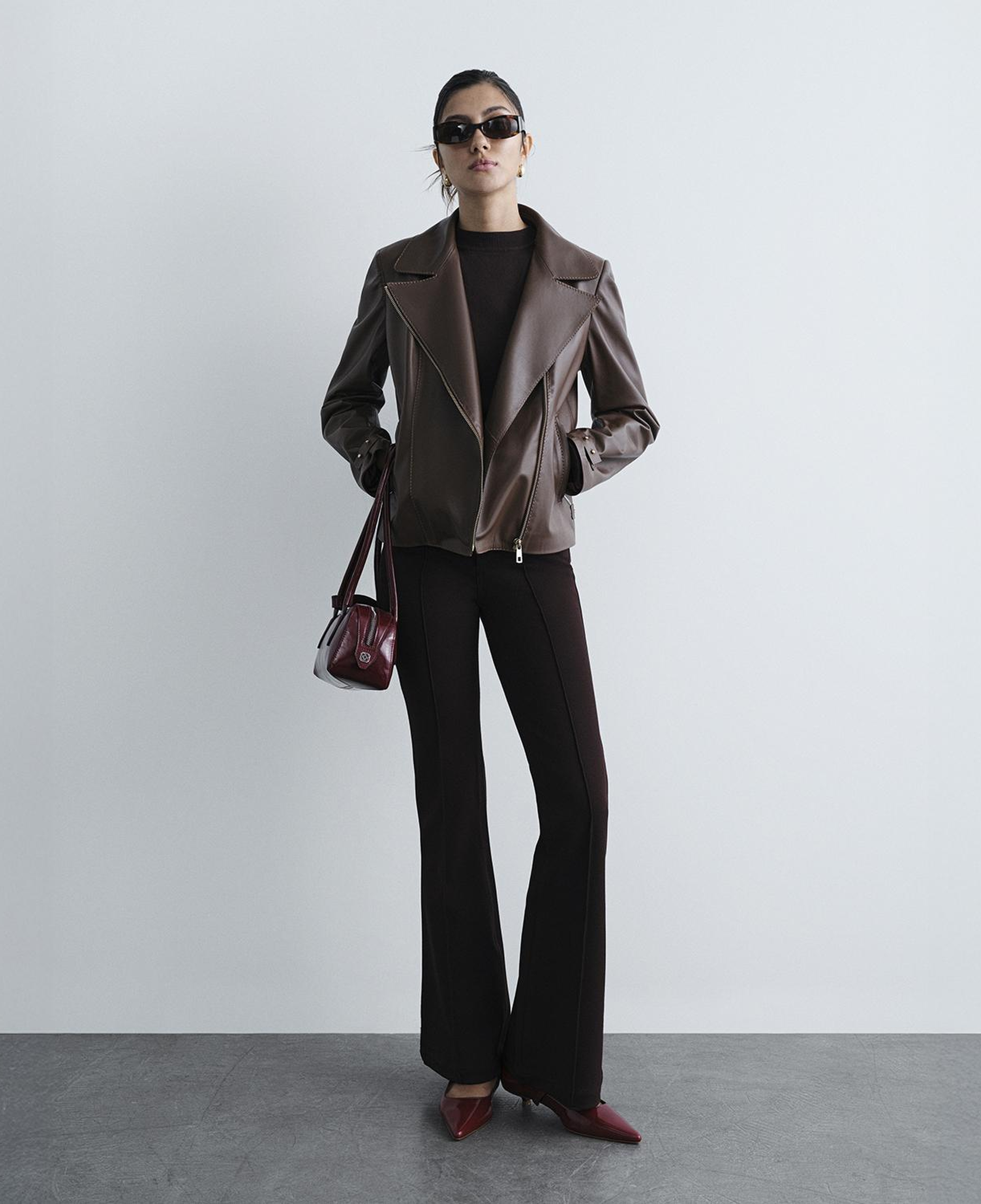 Kadın Kahve Yakalı Biker Deri Ceket