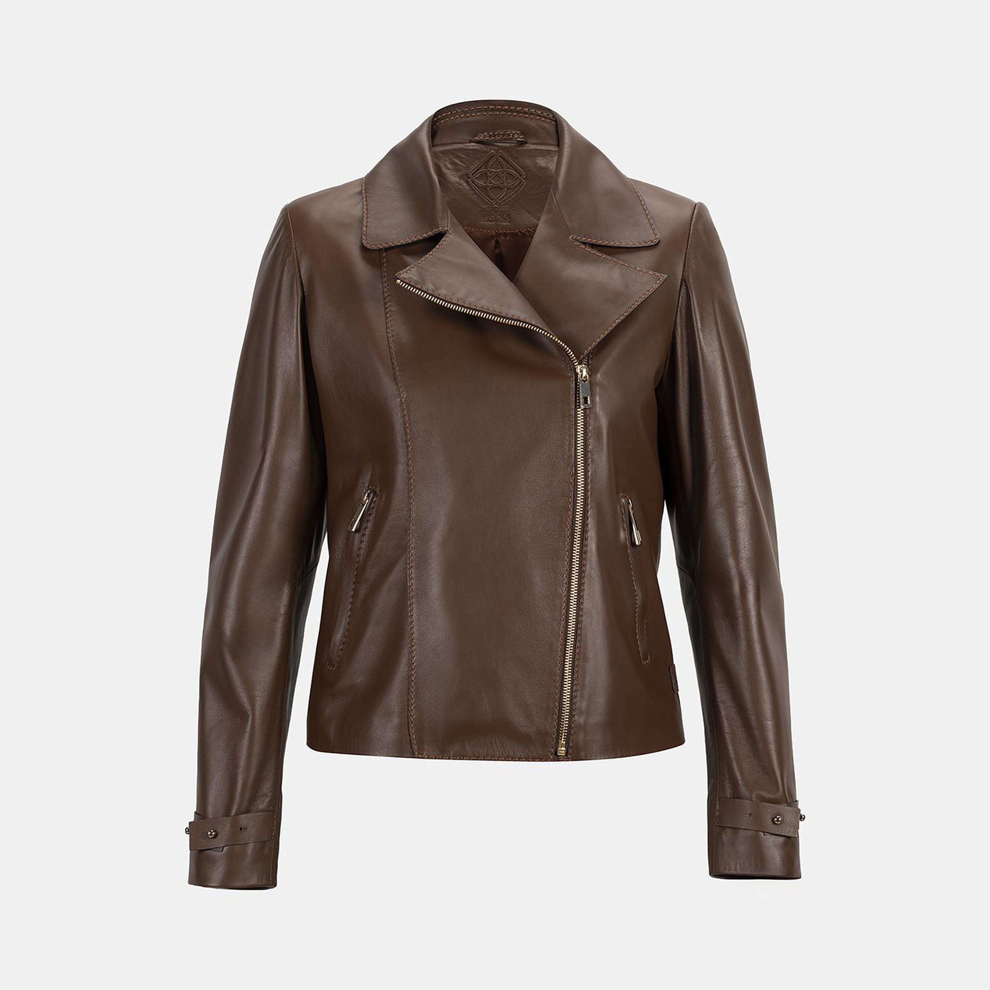 Kadın Kahve Yakalı Biker Deri Ceket