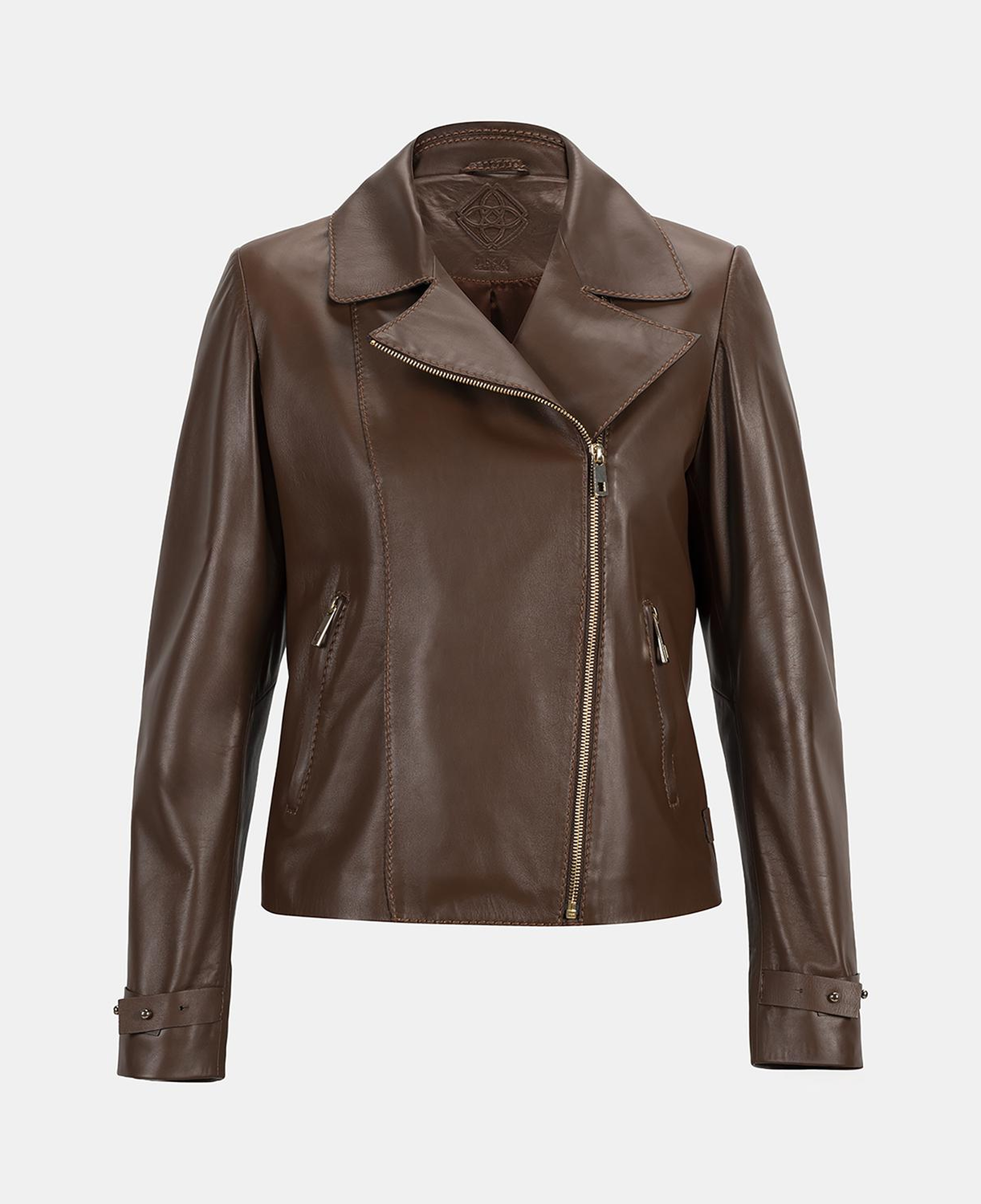 Kadın Kahve Yakalı Biker Deri Ceket