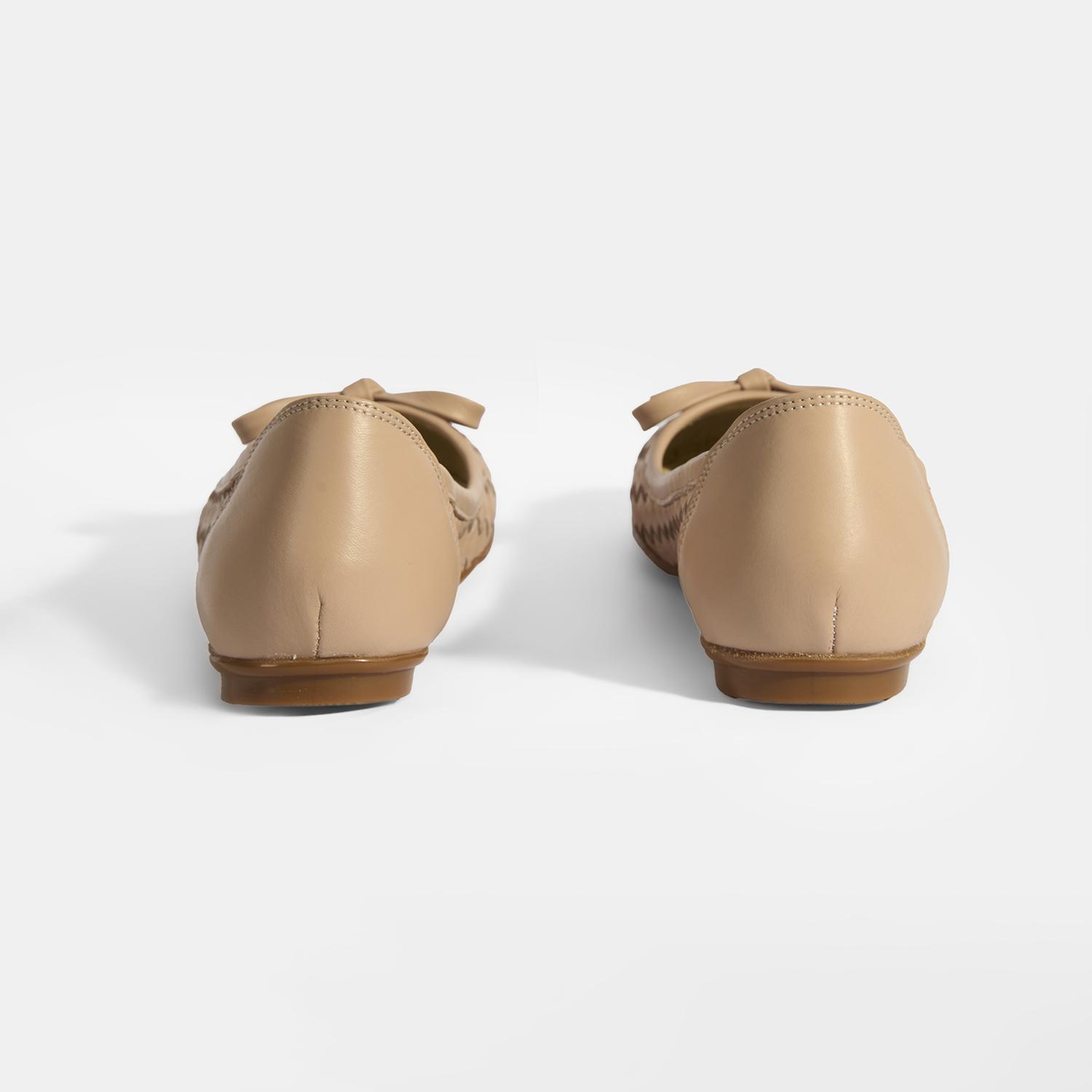 Kadın Pudra Örgü Detaylı Fiyonklu Deri Babet