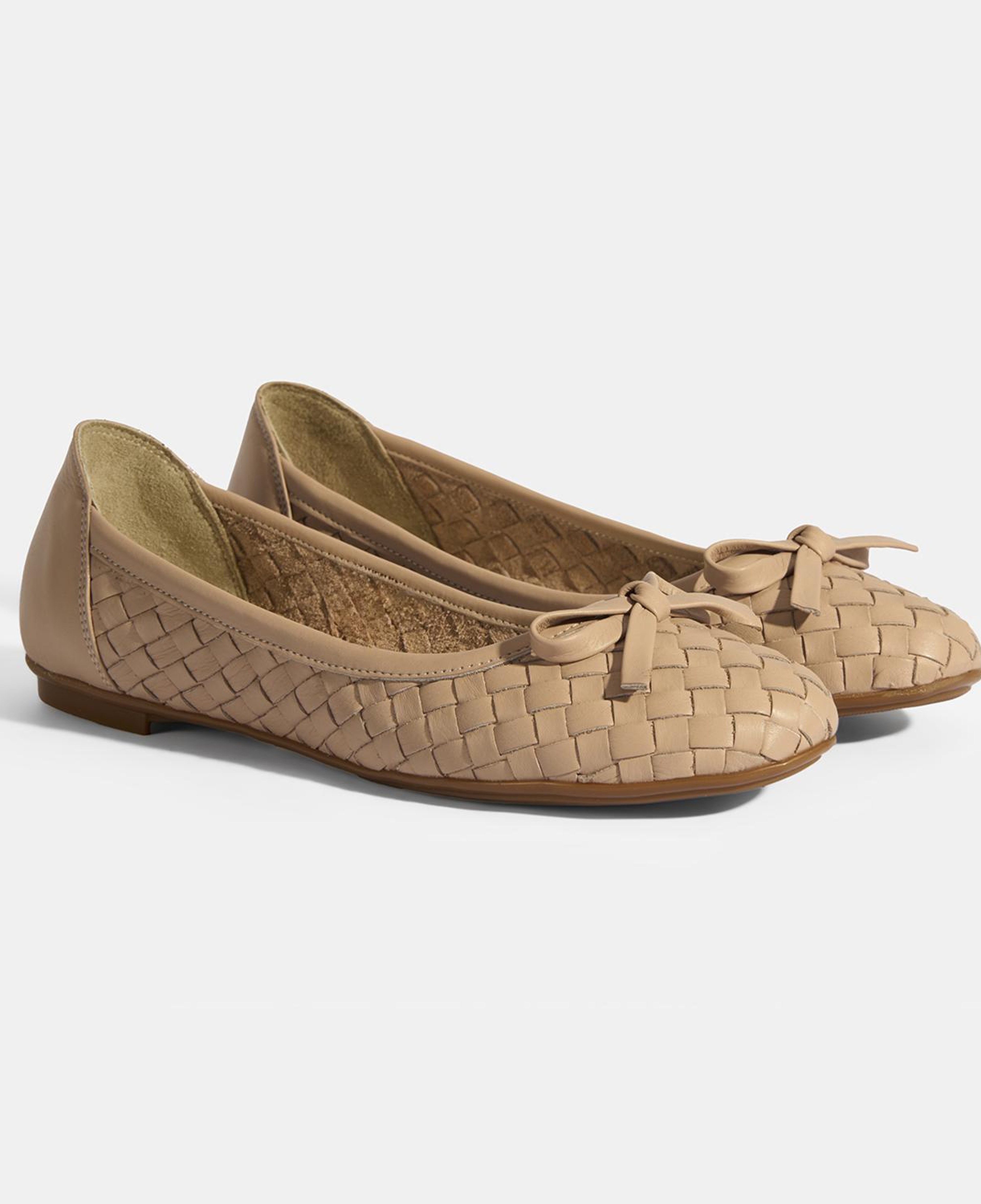 Kadın Pudra Örgü Detaylı Fiyonklu Deri Babet