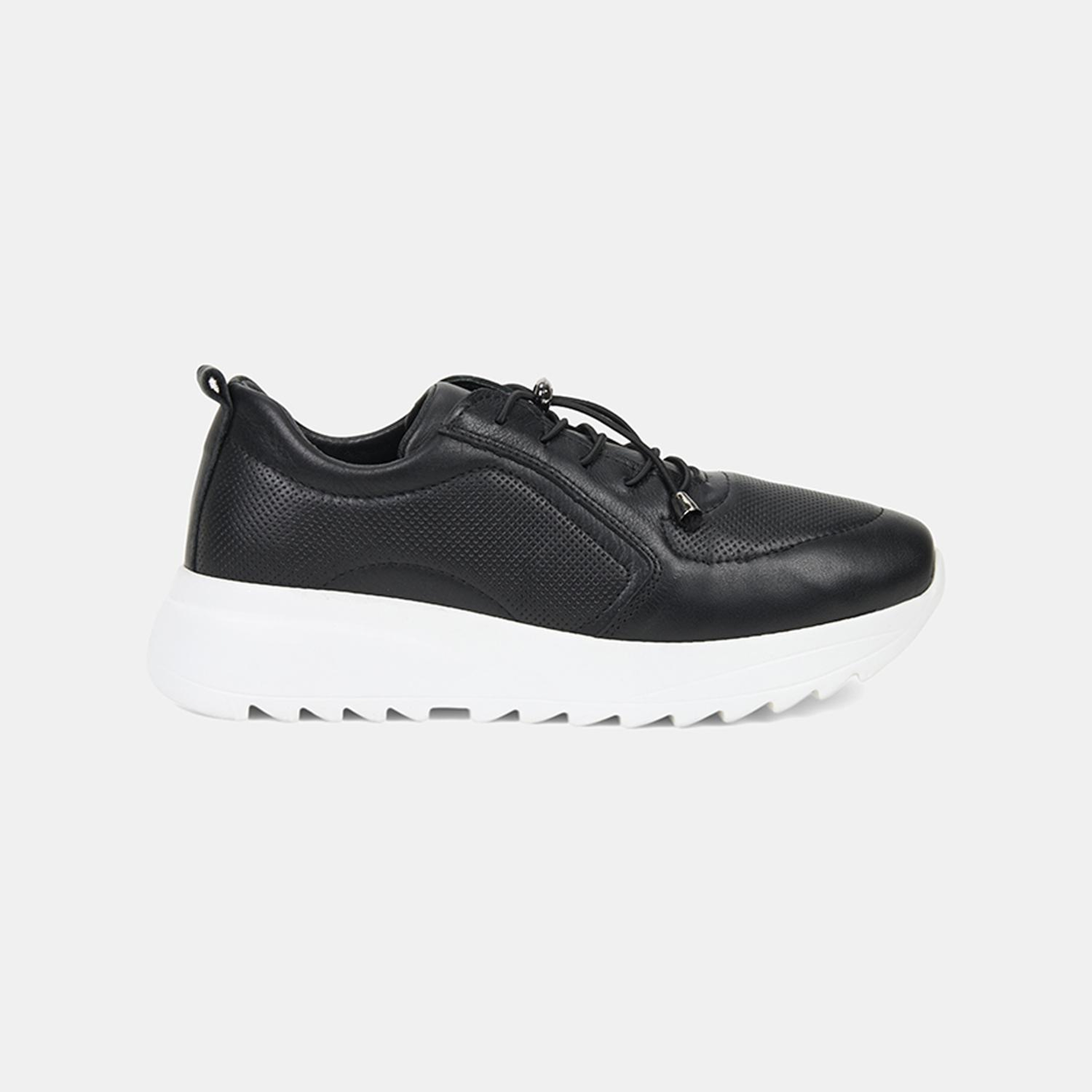 Kadın Siyah Lastik Bağcıklı Dolgu Topuklu Deri Sneaker