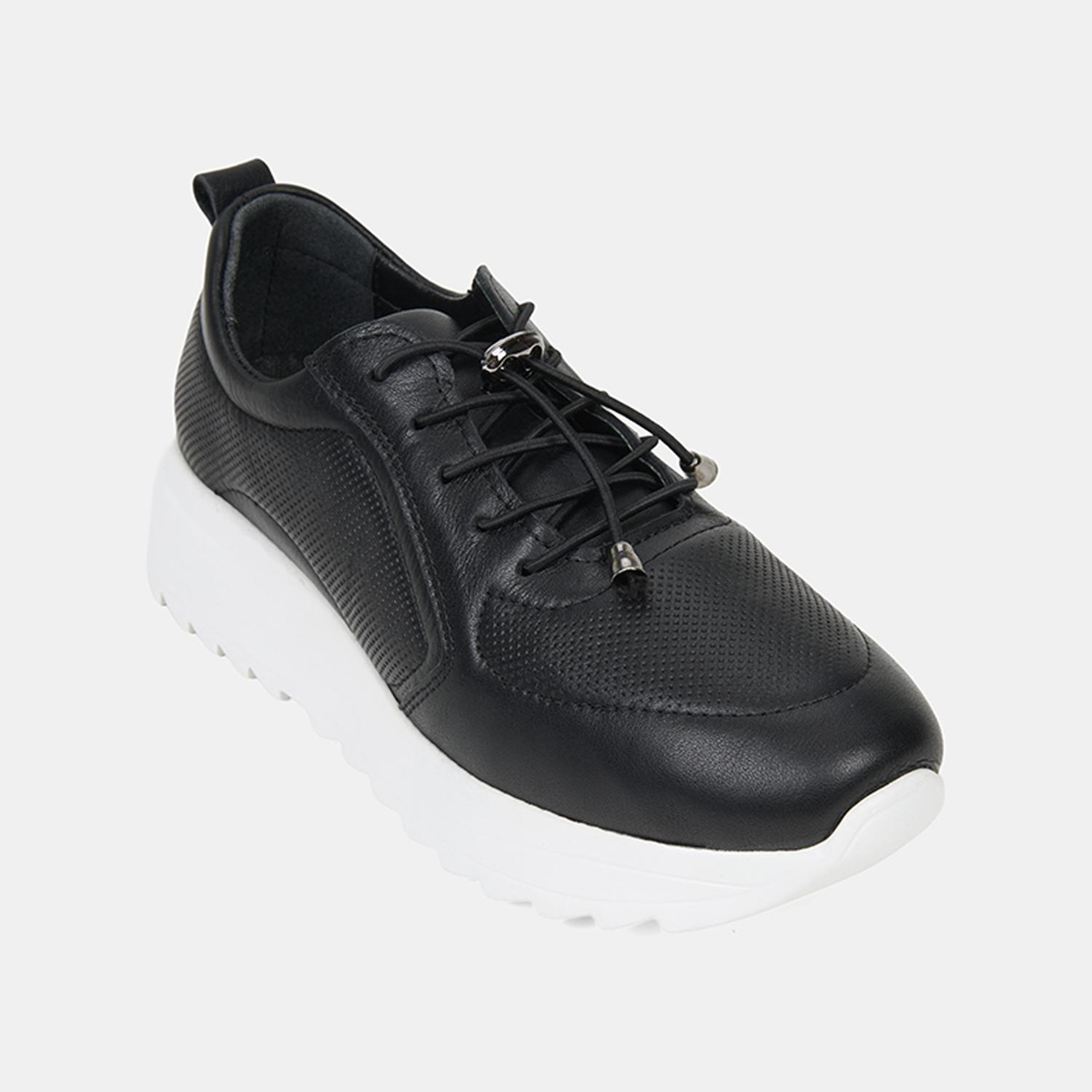 Kadın Siyah Lastik Bağcıklı Dolgu Topuklu Deri Sneaker