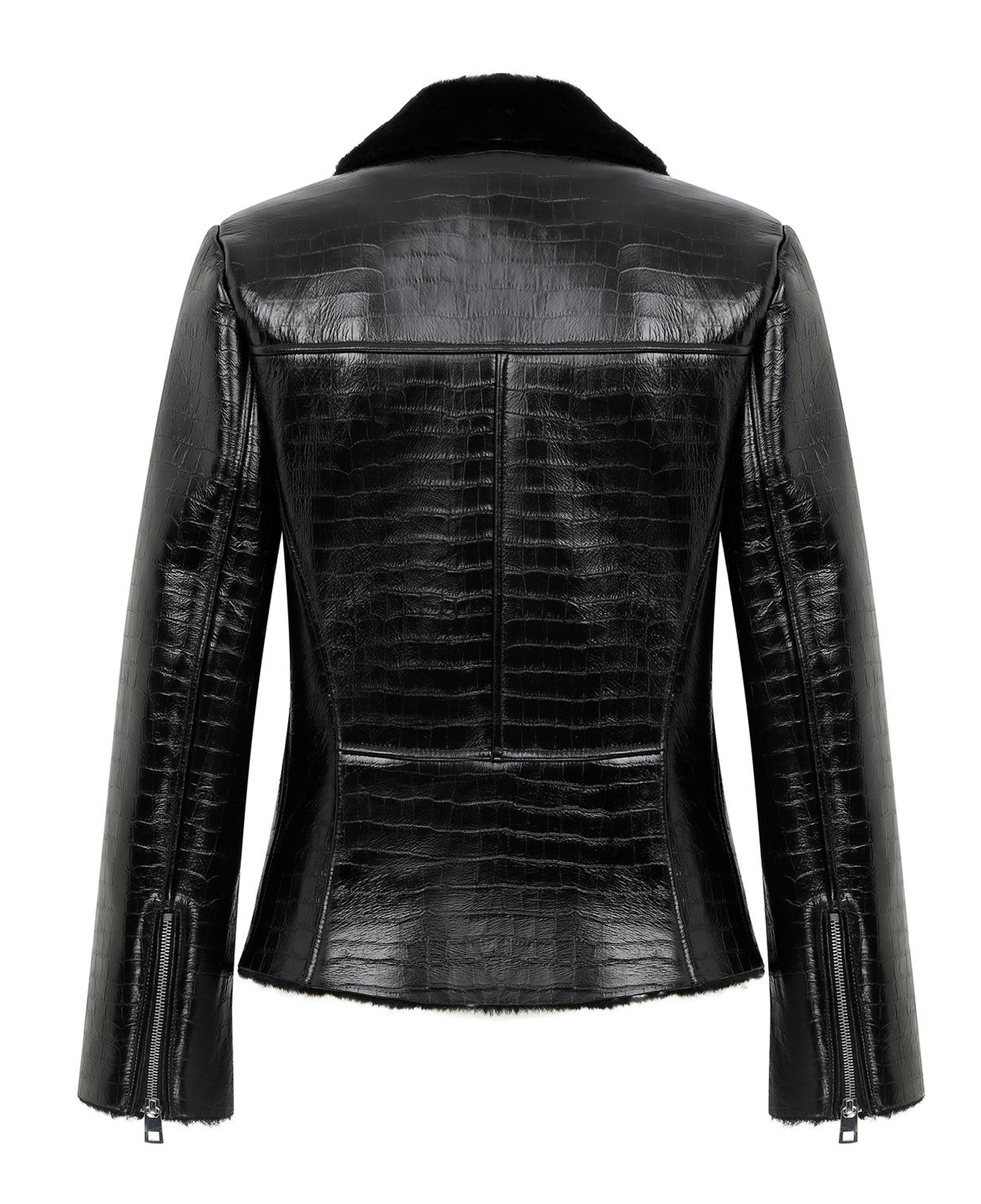 Chailyn Siyah Kadın Kroko Baskılı Kürk Deri Mont