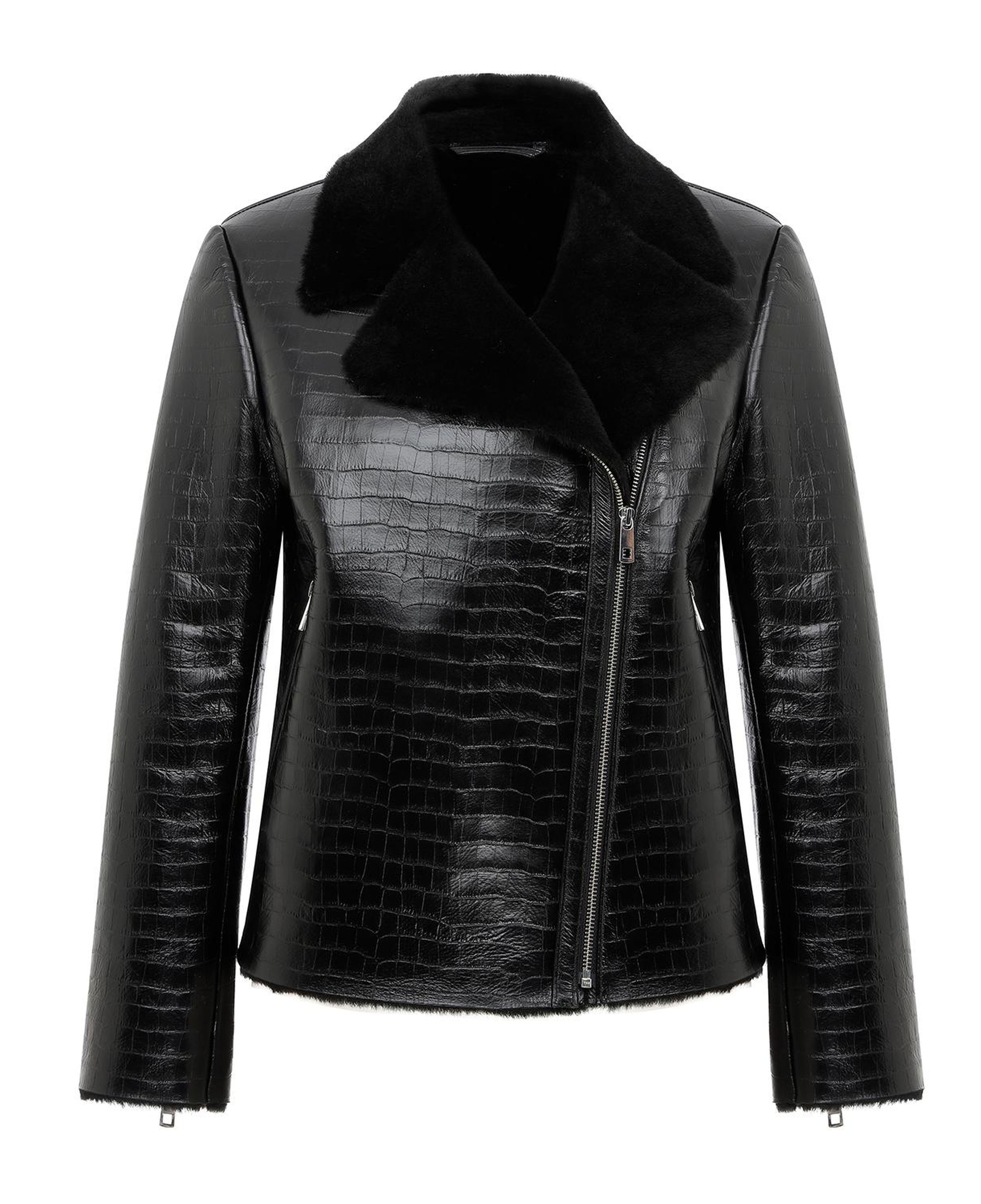Chailyn Siyah Kadın Kroko Baskılı Kürk Deri Mont