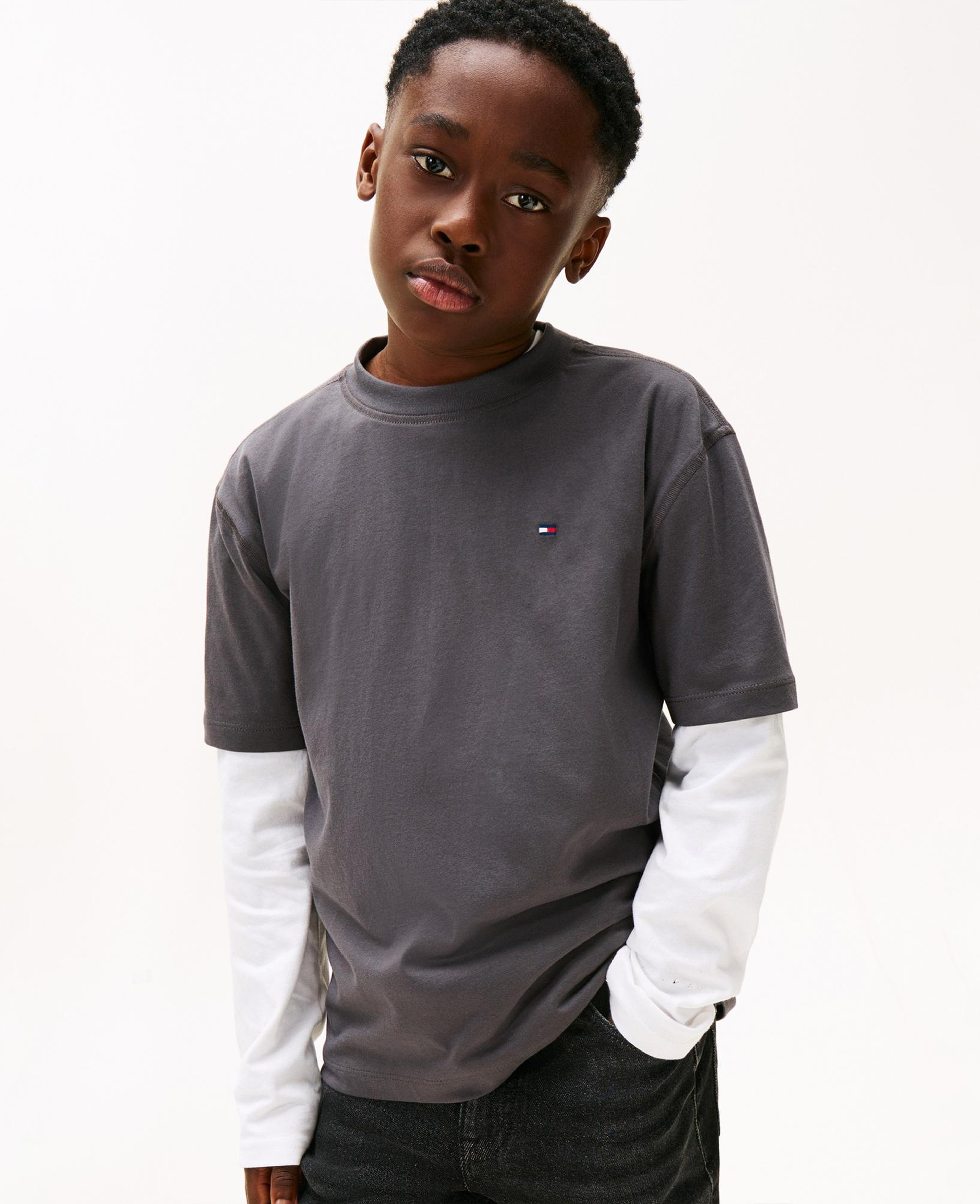 Tommy Hilfiger Washed Faded Graphic Çocuk Gri T-Shirt