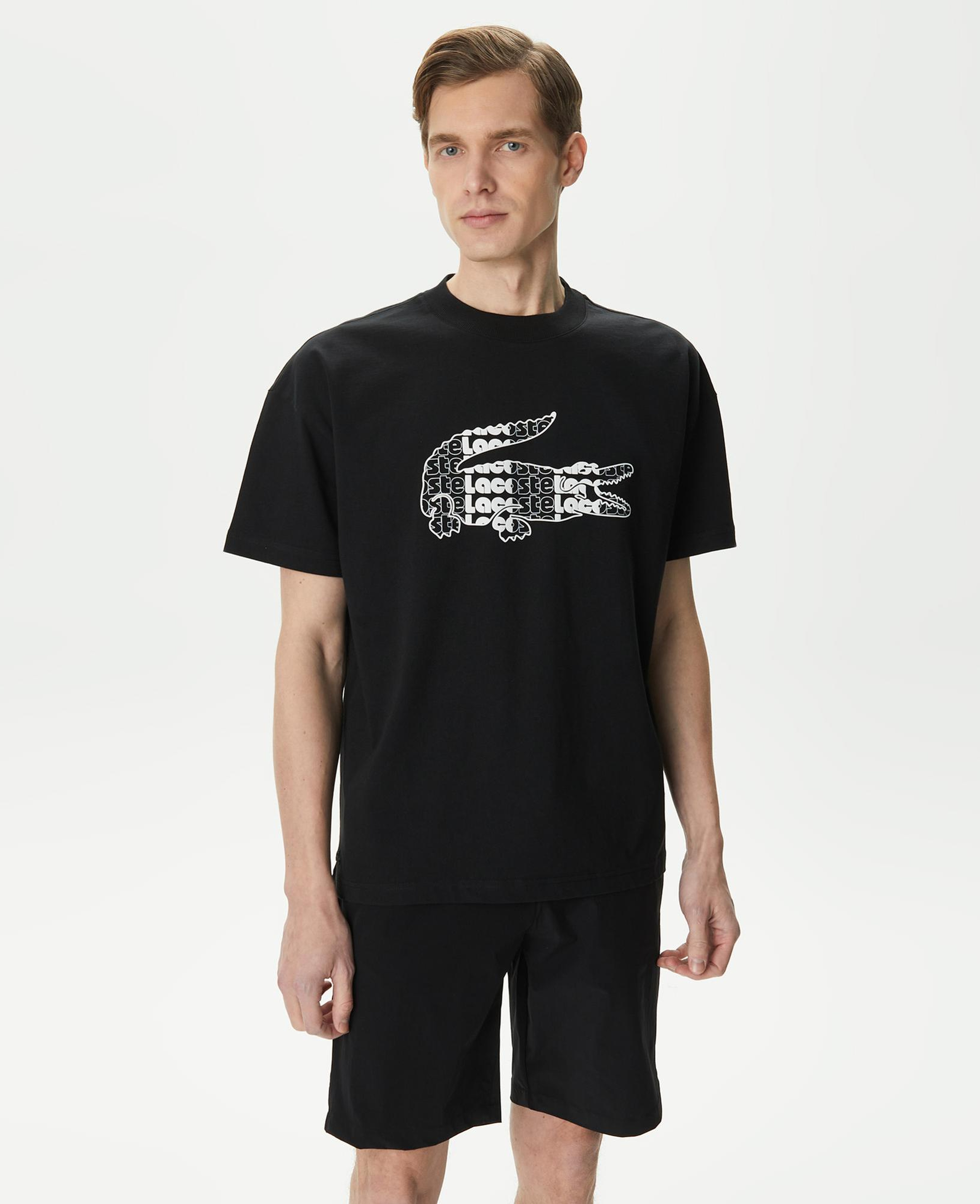 Lacoste Erkek Relaxed Fit Bisiklet Yaka Baskılı Siyah T-Shirt
