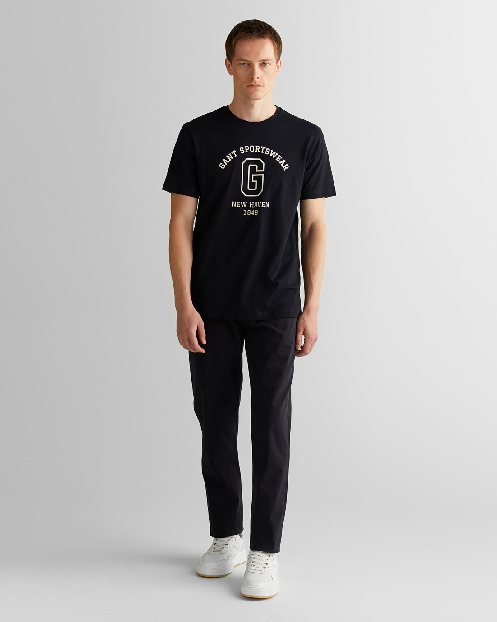 GANT Erkek Siyah Regular Fit Bisiklet Yaka Logolu T-Shirt