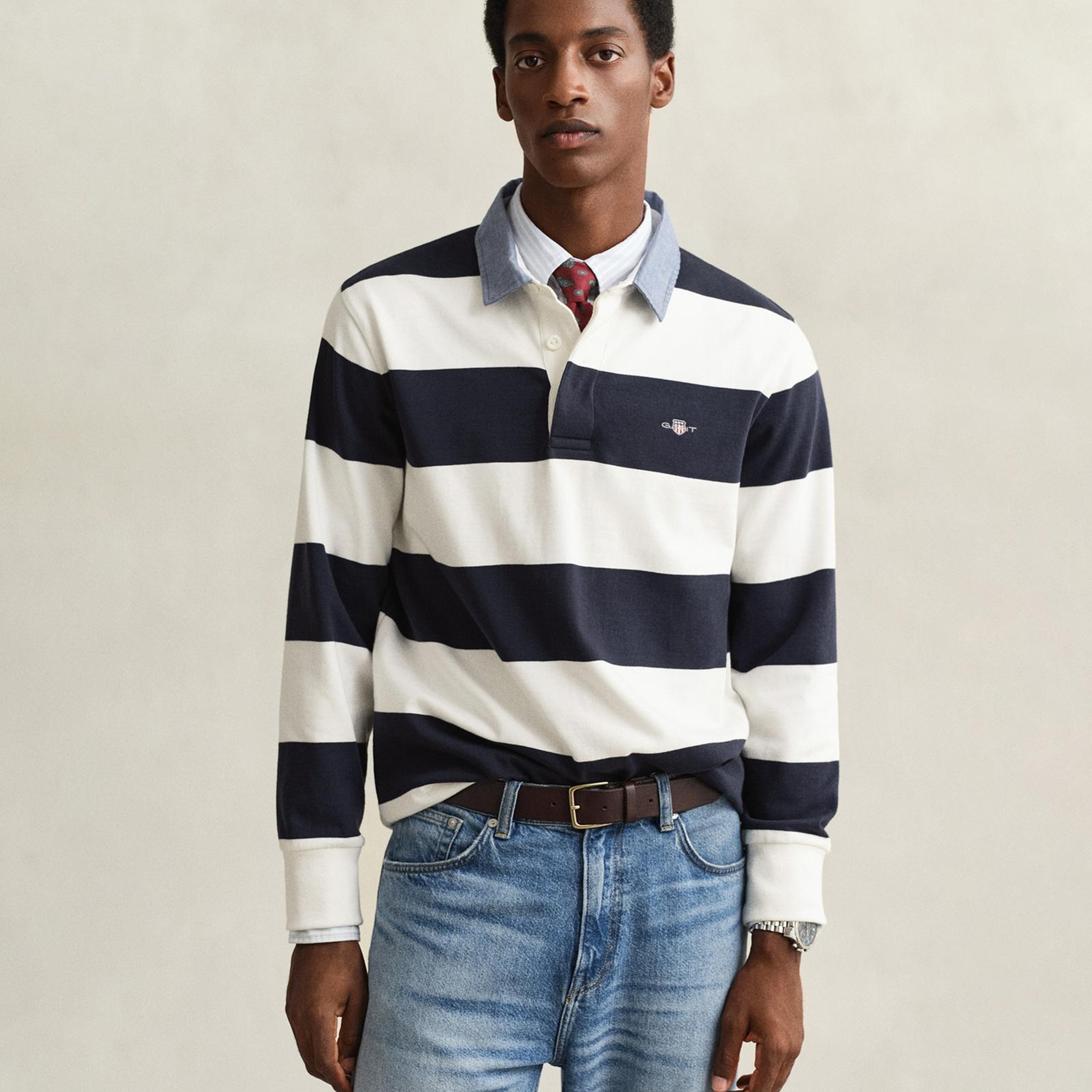 GANT Erkek Beyaz Regular Fit Çizgili Logolu Rugby T-Shirt