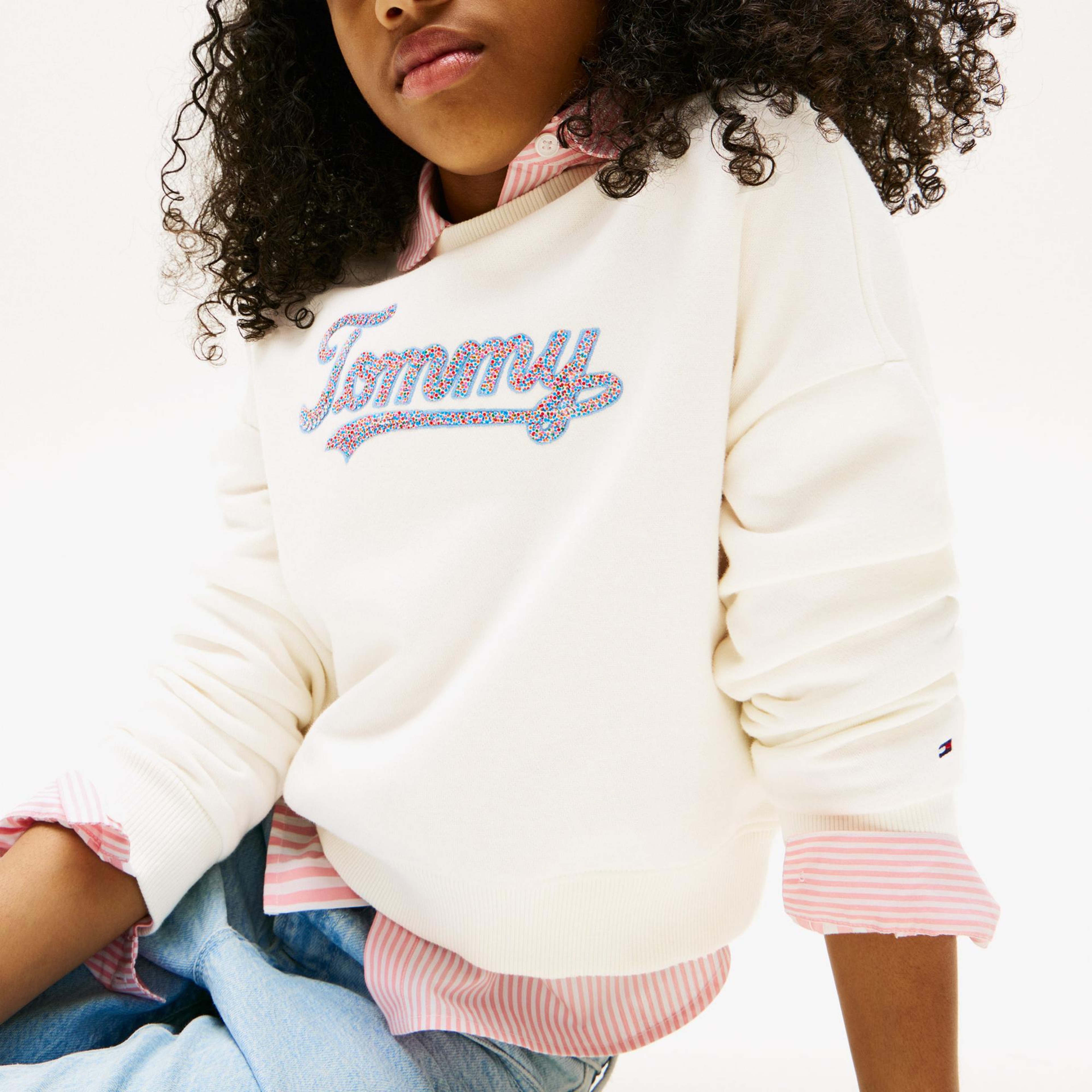 Tommy Hilfiger Script Sequin Çocuk Beyaz Sweatshirt