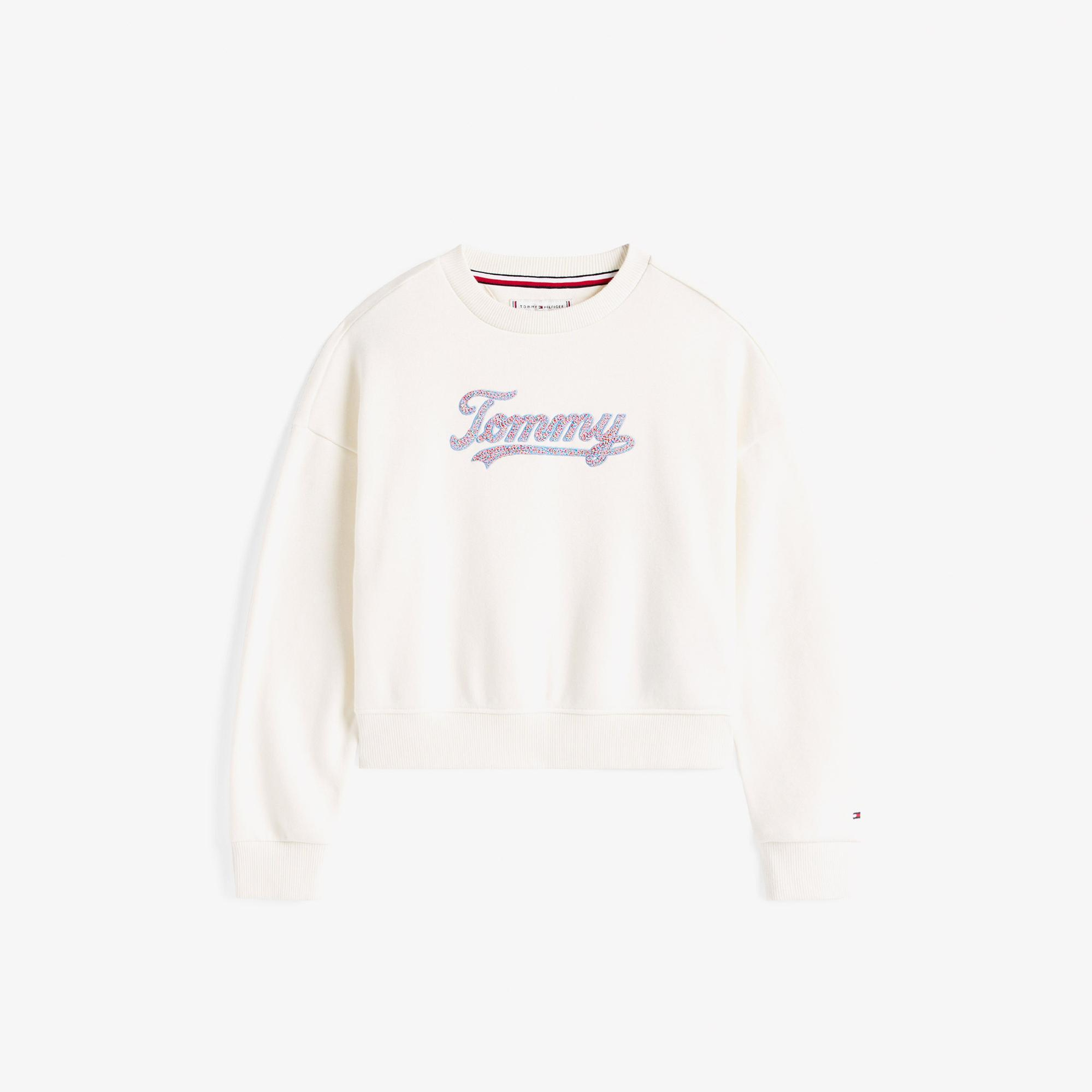 Tommy Hilfiger Script Sequin Çocuk Beyaz Sweatshirt