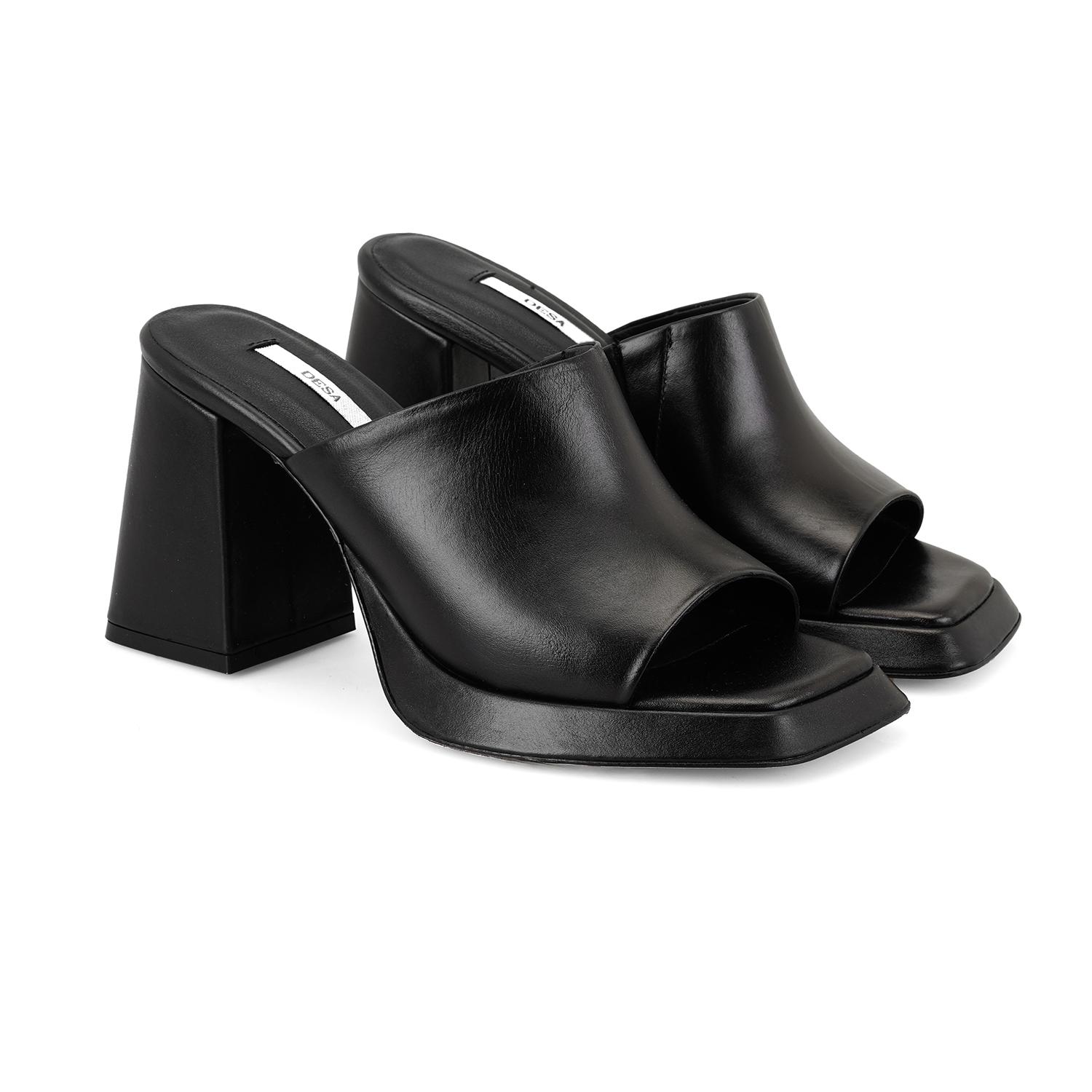 Kadın Siyah Topuklu Napa Deri Terlik