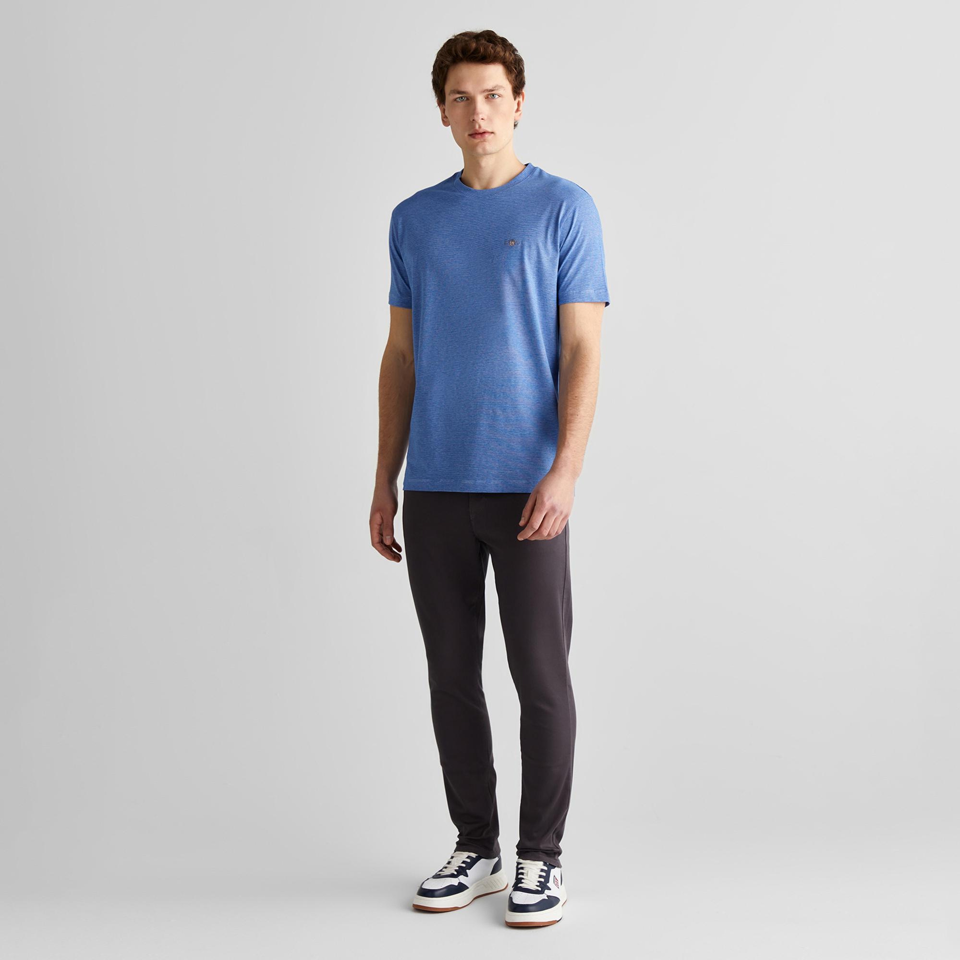 GANT Erkek Lacivert Regular Fit Bisiklet Yaka Çizgili T-Shirt