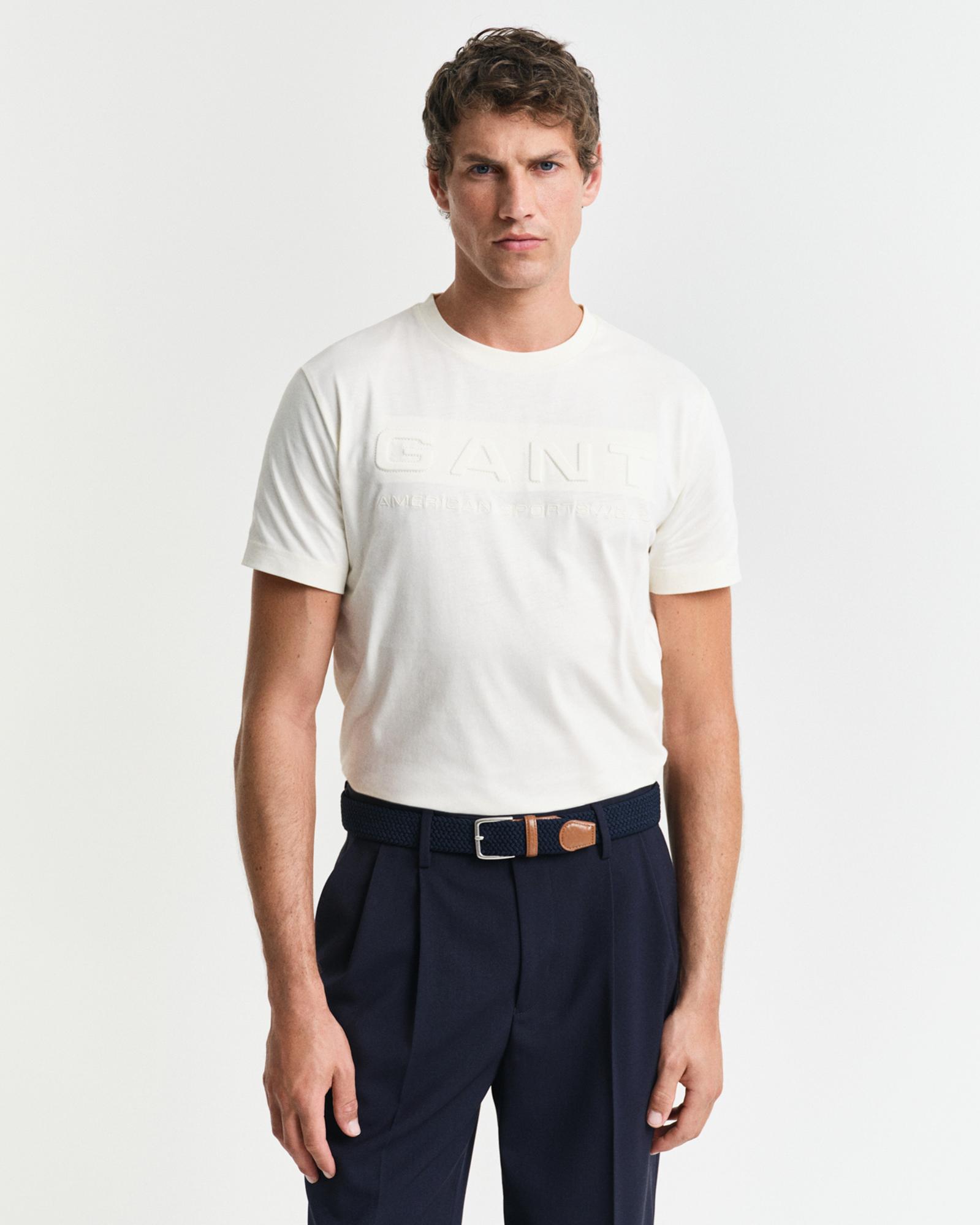 GANT Erkek Krem Regular Fit Bisiklet Yaka Logolu T-Shirt