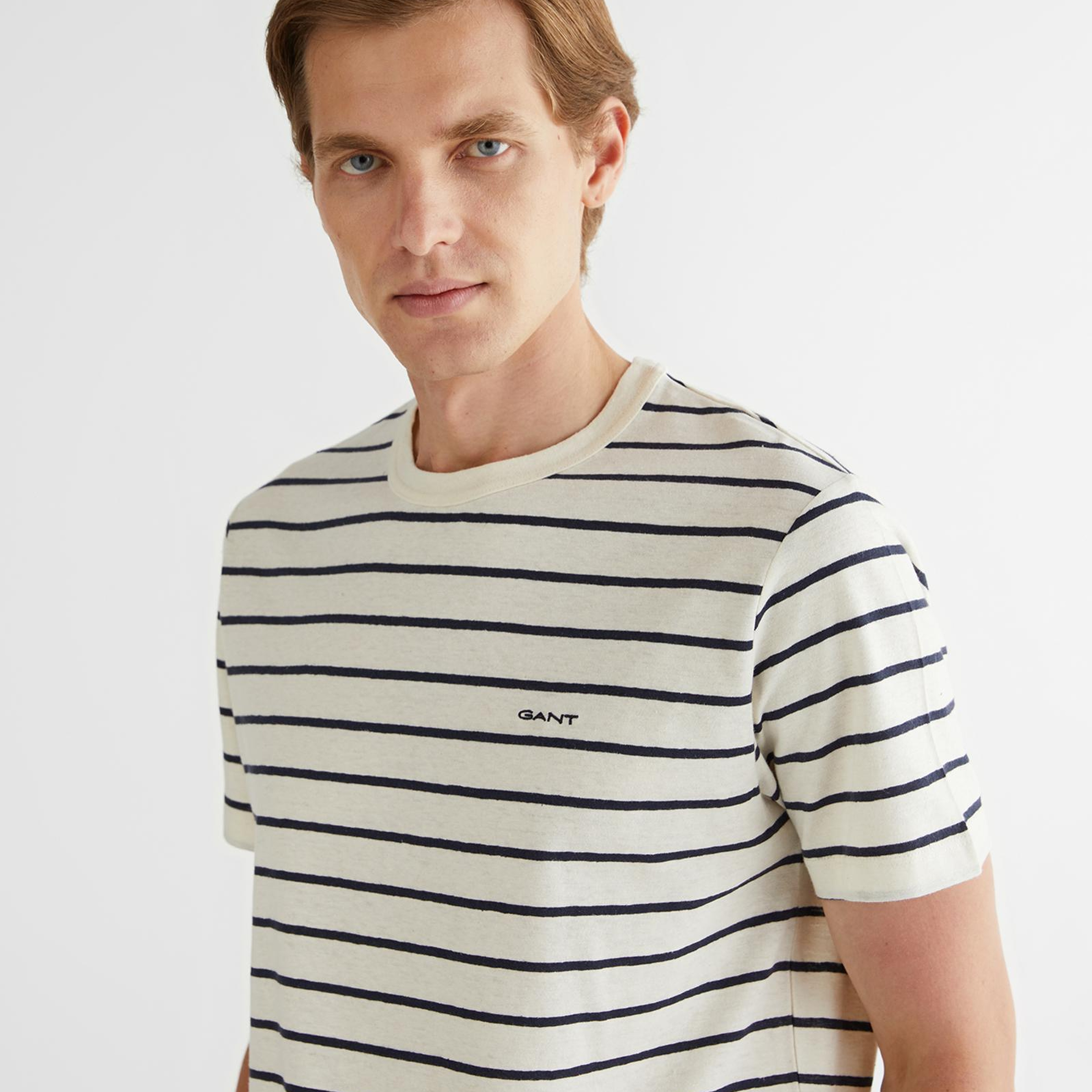 GANT Erkek Krem Regular Fit Bisiklet Yaka Çizgili T-Shirt