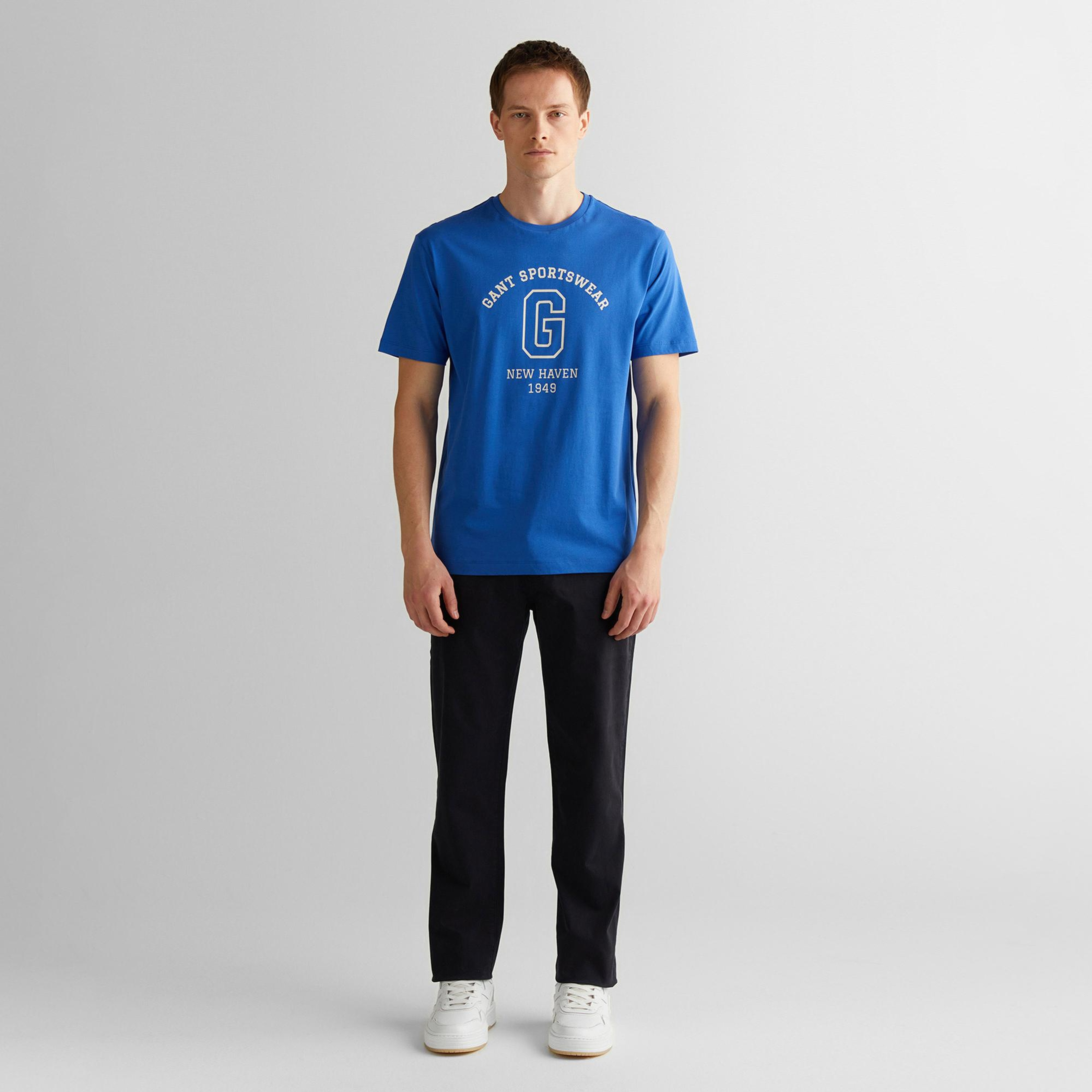 GANT Erkek Mavi Regular Fit Bisiklet Yaka Logolu T-Shirt