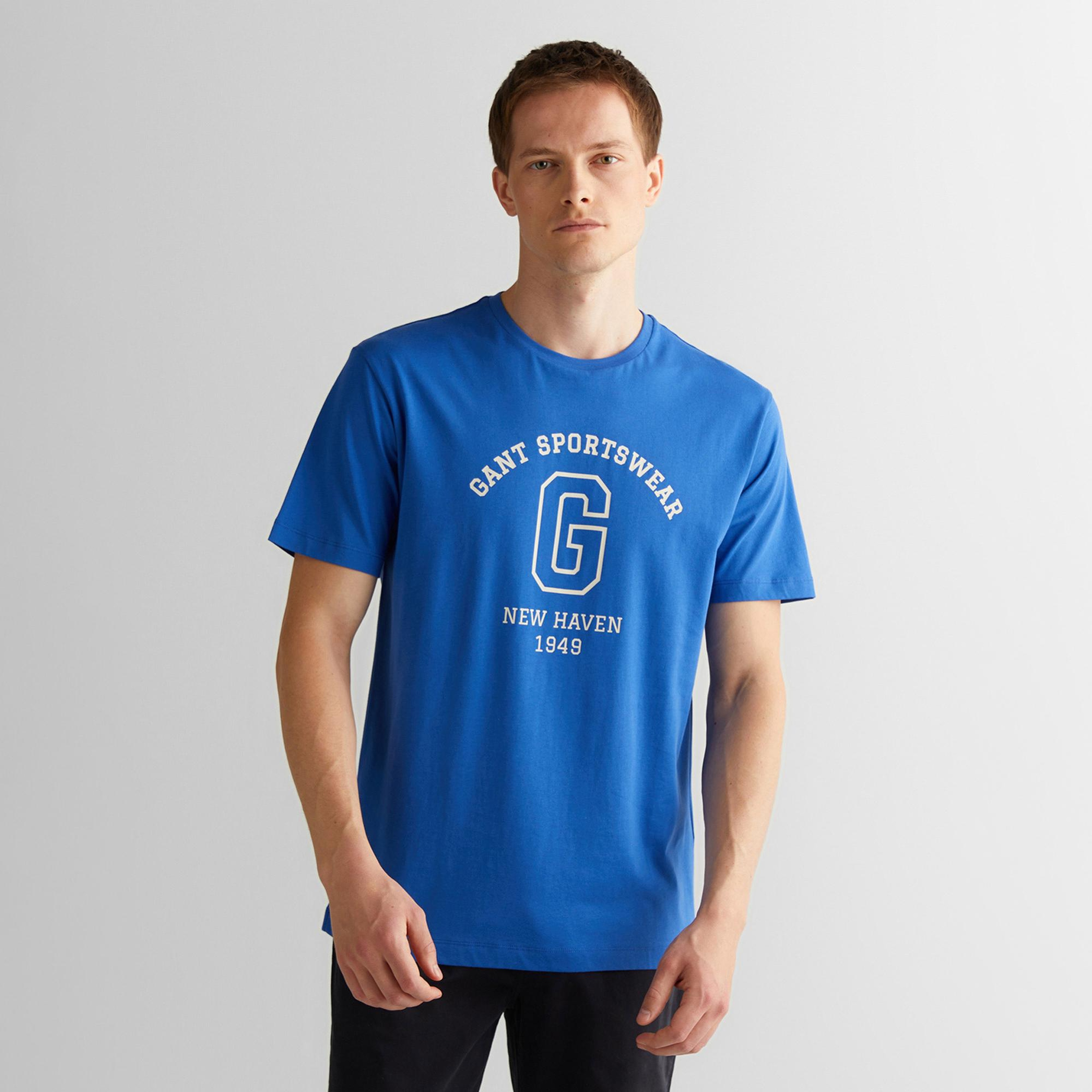 GANT Erkek Mavi Regular Fit Bisiklet Yaka Logolu T-Shirt