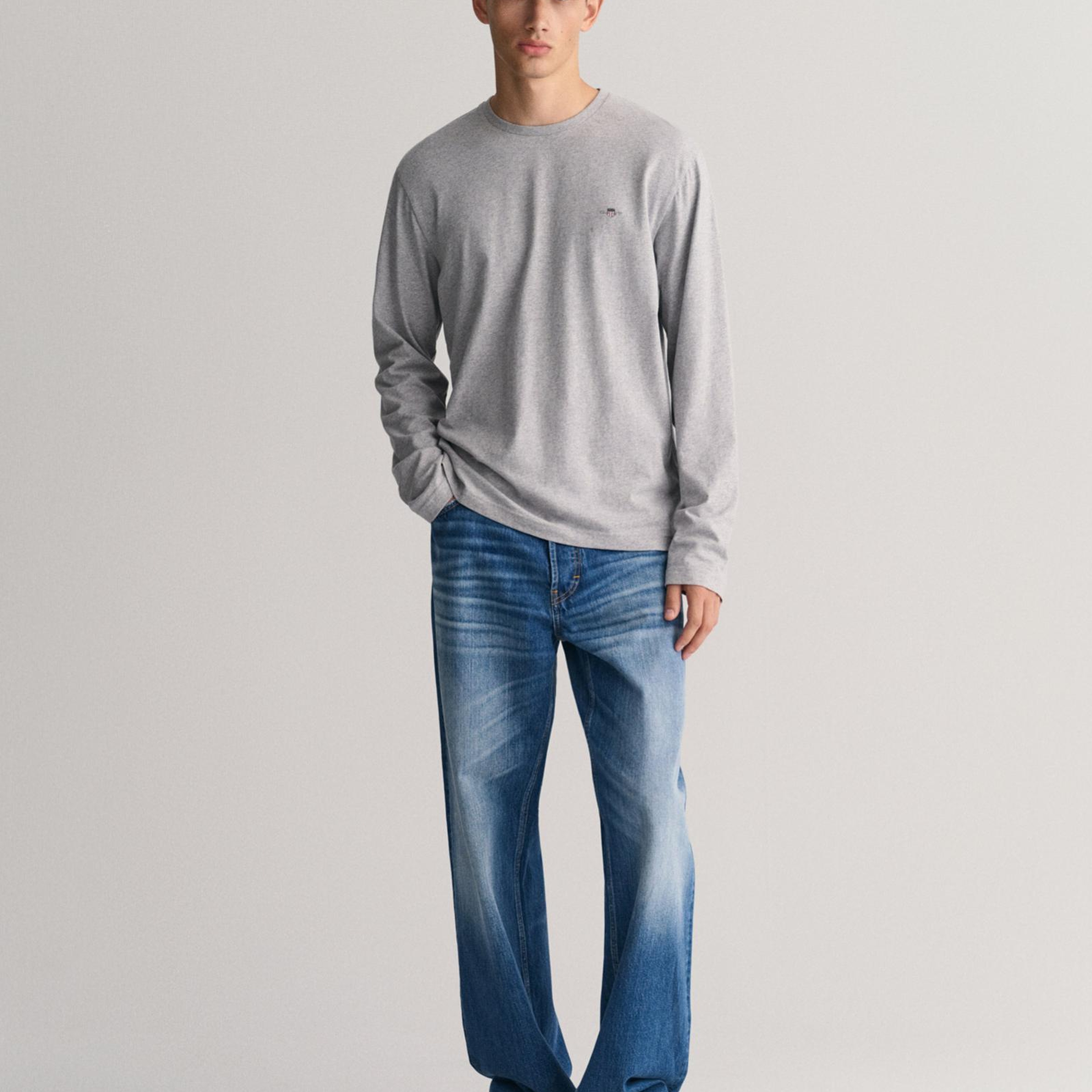 GANT Erkek Gri Regular Fit Bisiklet Yaka Uzun Kollu T-Shirt