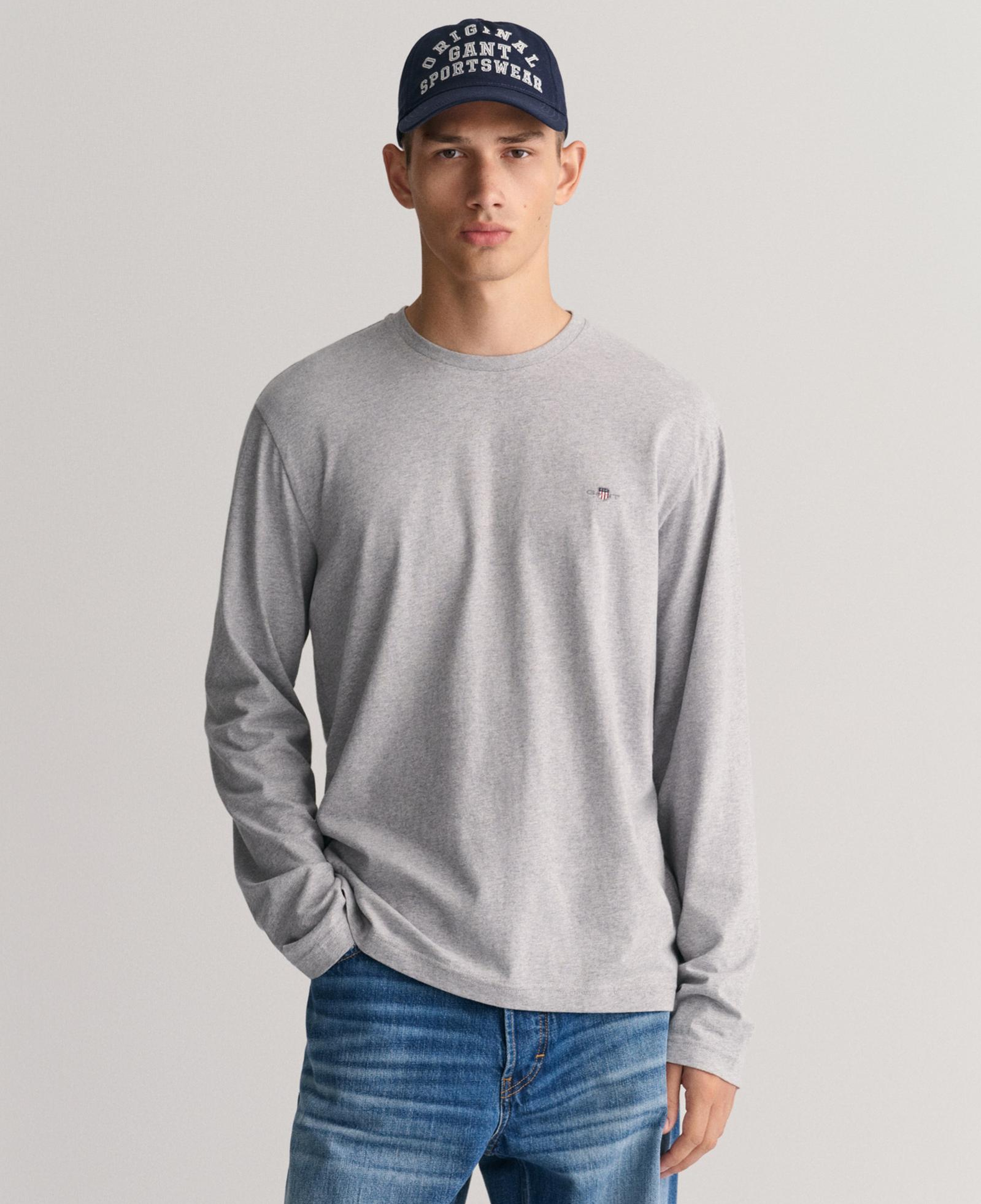 GANT Erkek Gri Regular Fit Bisiklet Yaka Uzun Kollu T-Shirt