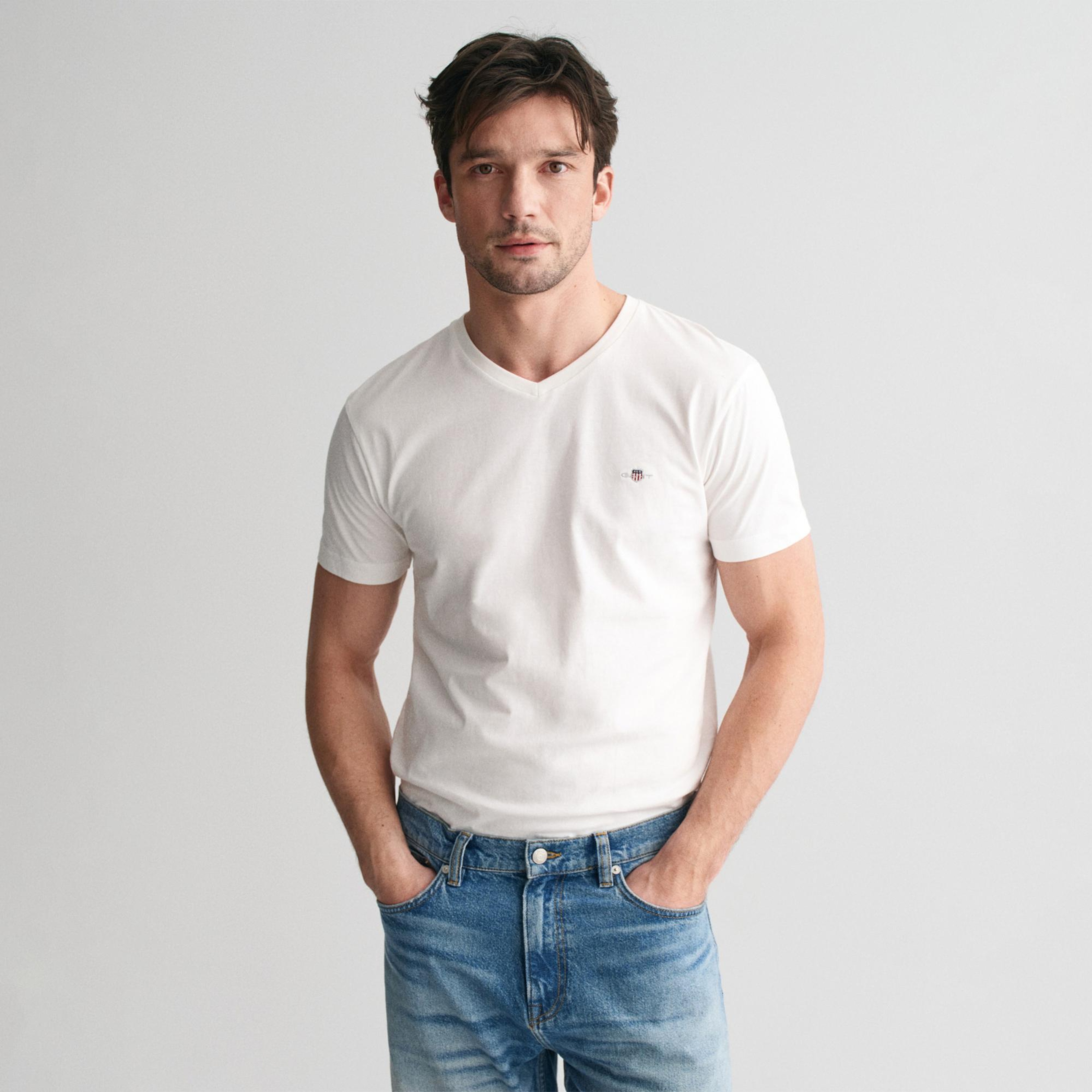 GANT Erkek Beyaz Slim Fit V Yaka T-Shirt