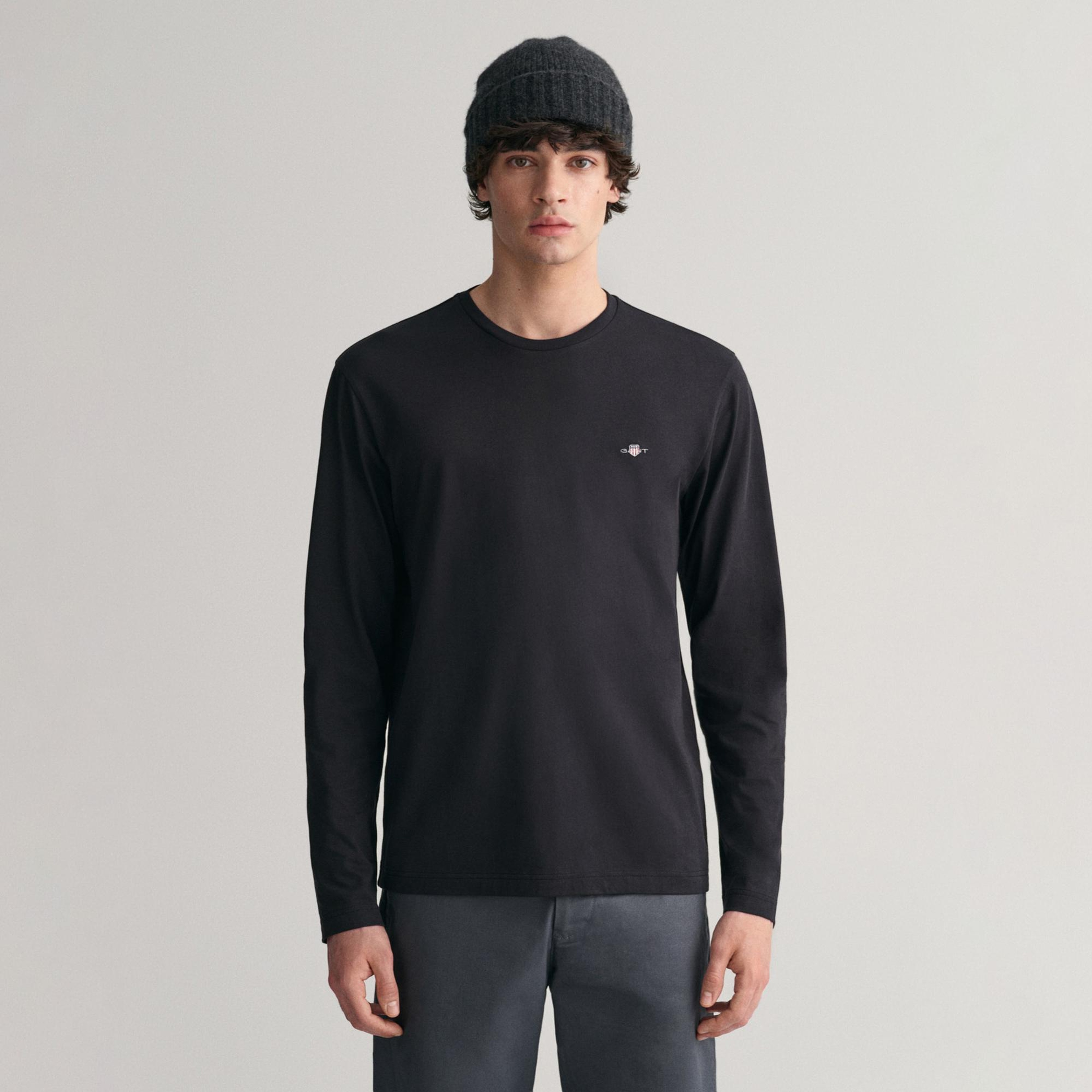 GANT Erkek Siyah Regular Fit Bisiklet Yaka Uzun Kollu T-Shirt