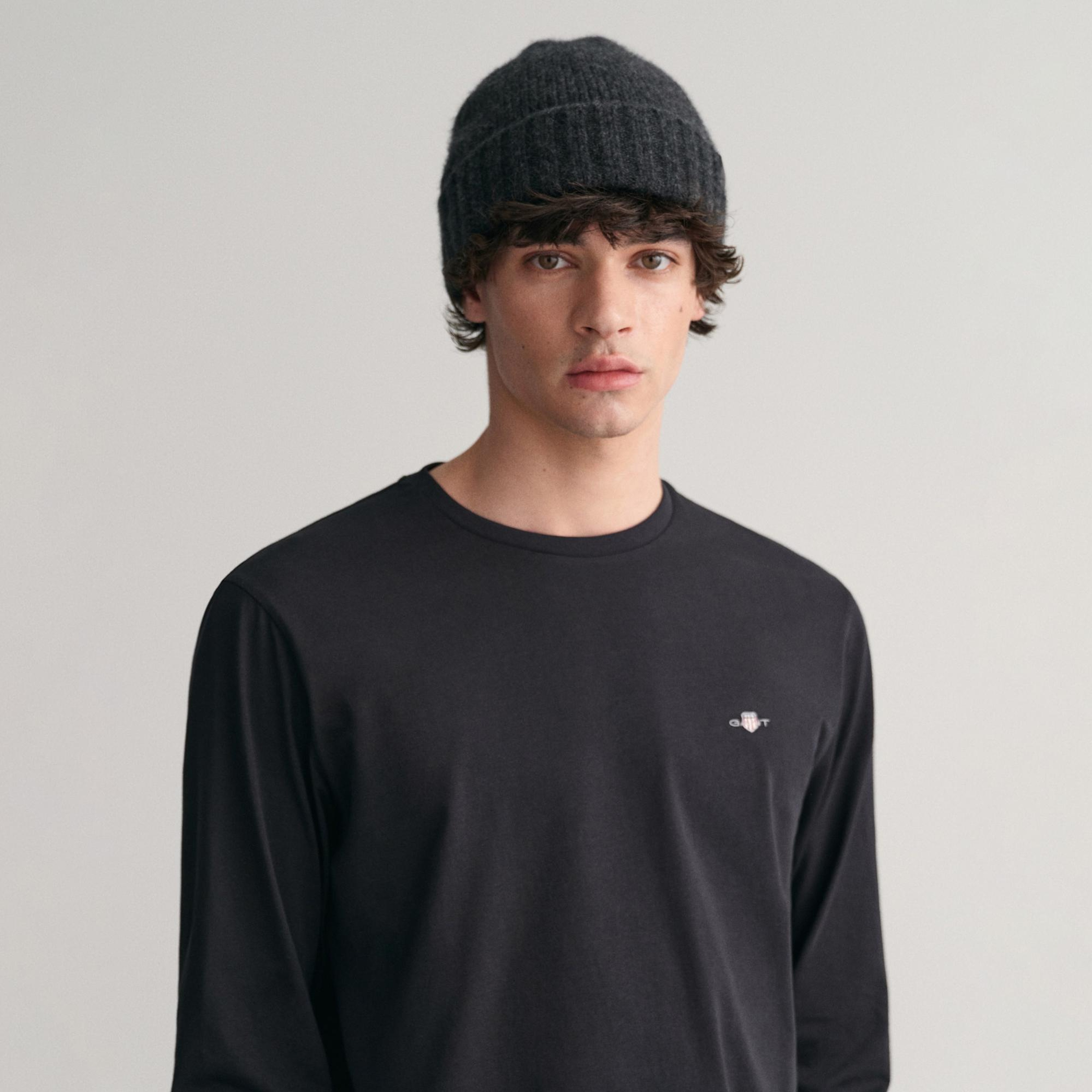 GANT Erkek Siyah Regular Fit Bisiklet Yaka Uzun Kollu T-Shirt