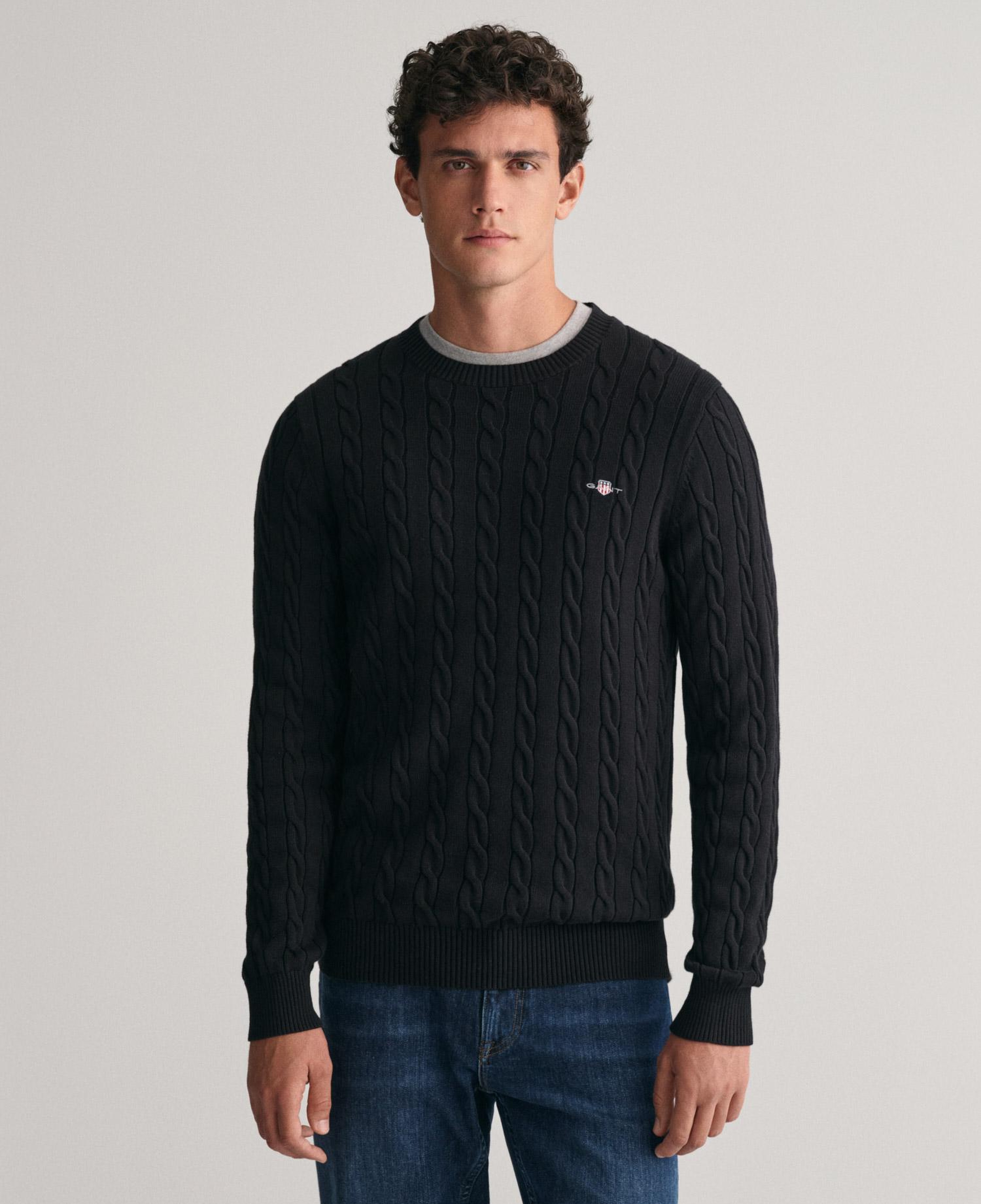 GANT Erkek Siyah Regular Fit Bisiklet Yaka Örgü Kazak