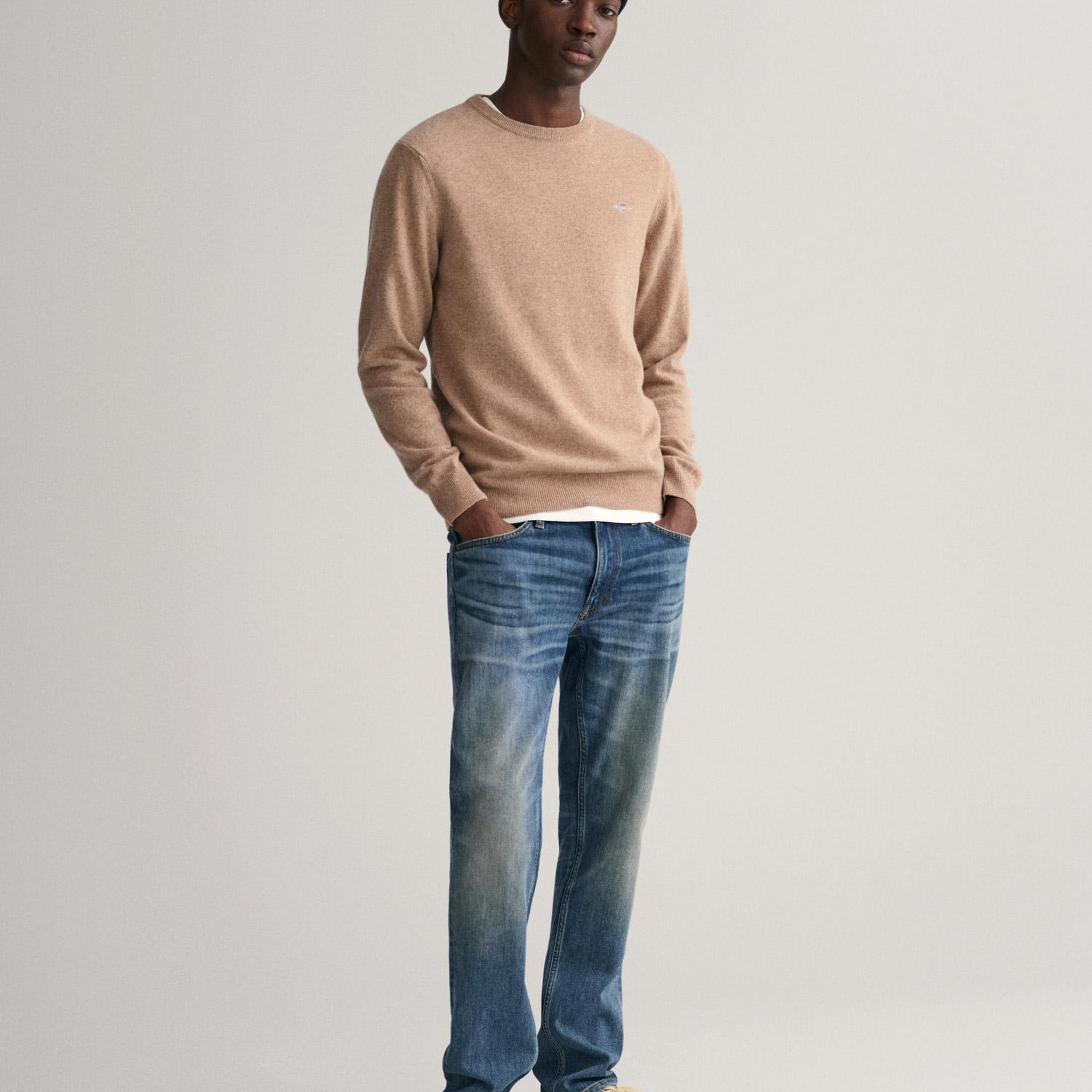 GANT Erkek Bej Regular Fit Bisiklet Yaka Yün Kazak