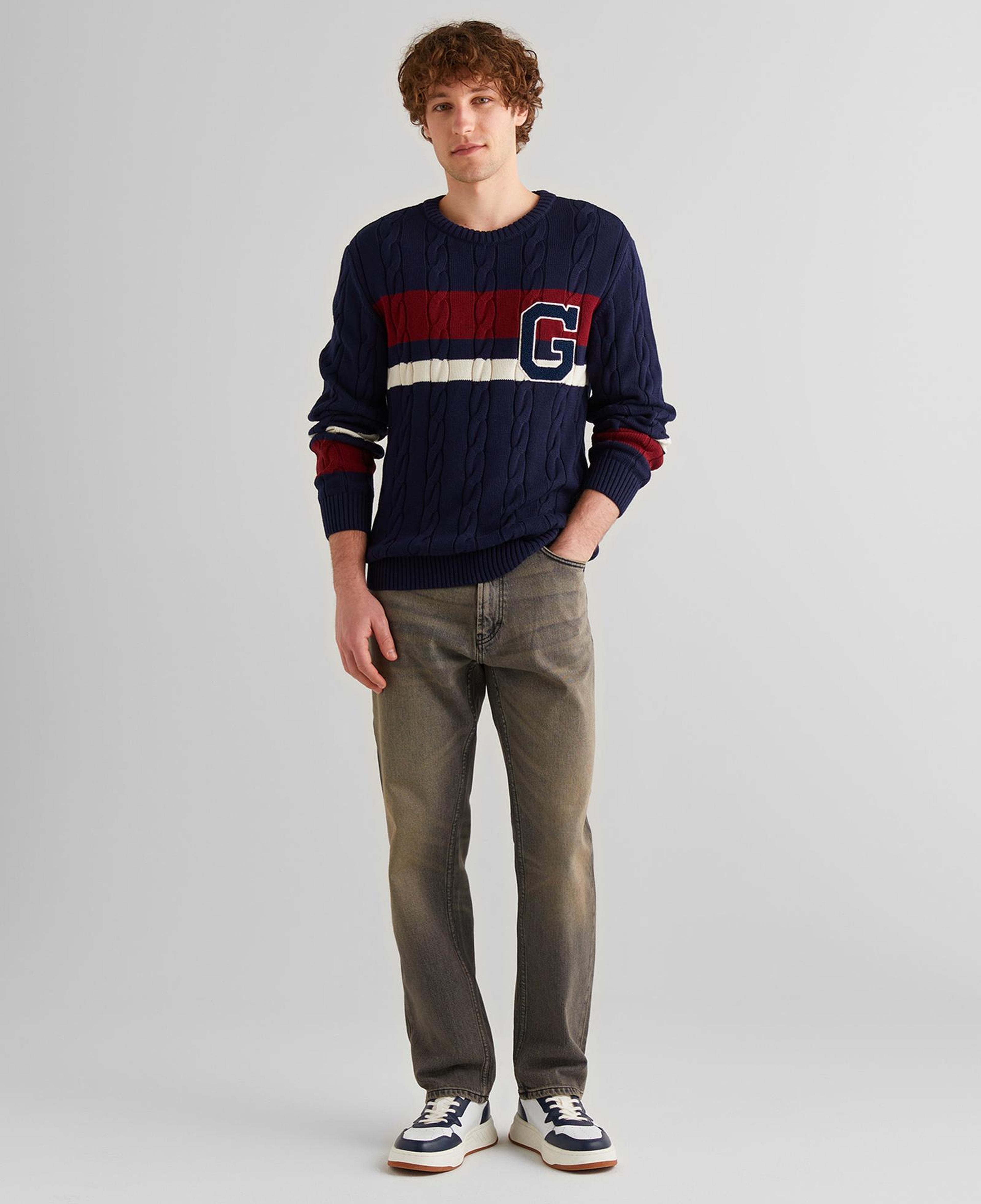 GANT Erkek Lacivert Relaxed Fit Bisiklet Yaka Renk Bloklu Örgü Kazak