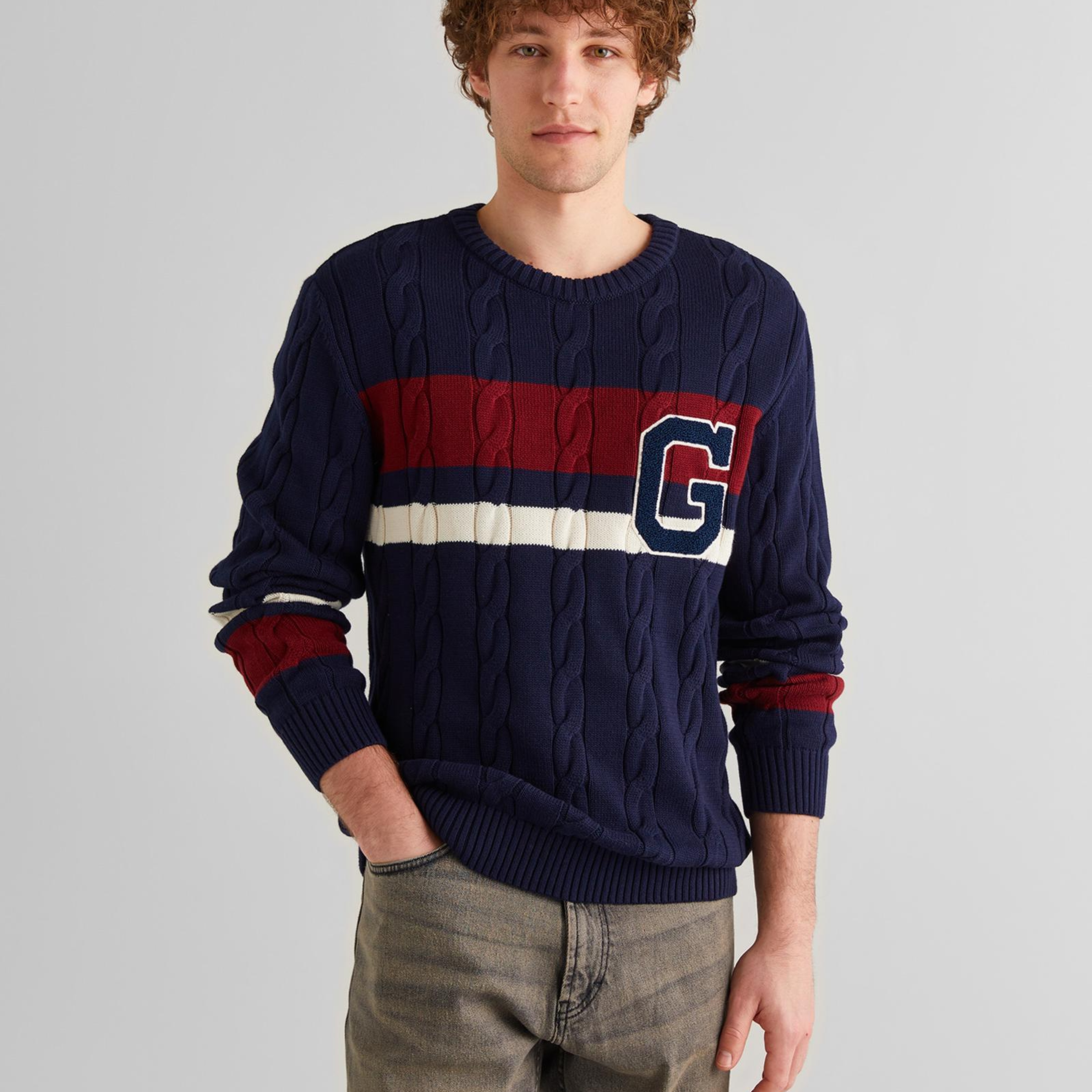 GANT Erkek Lacivert Relaxed Fit Bisiklet Yaka Renk Bloklu Örgü Kazak