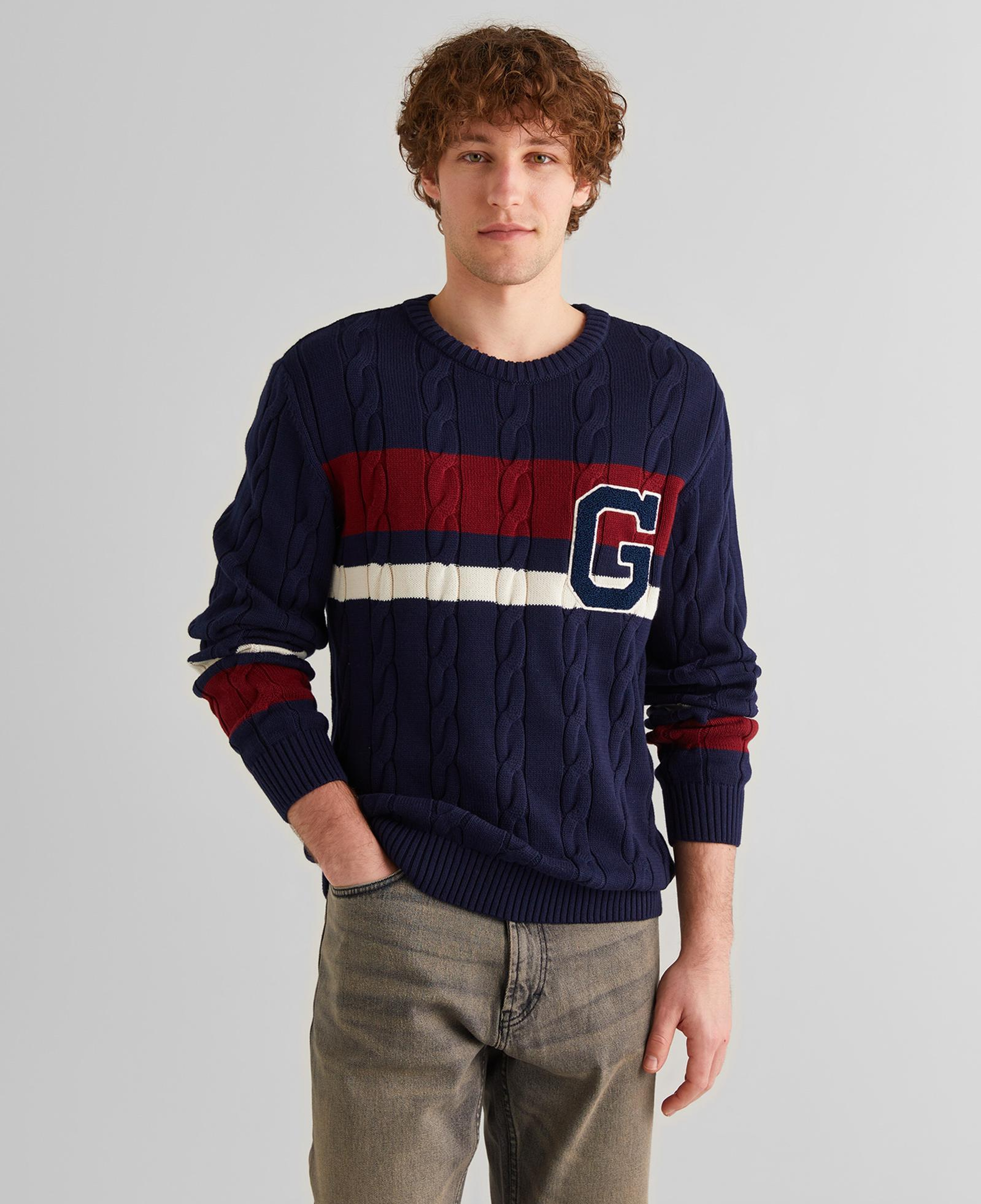 GANT Erkek Lacivert Relaxed Fit Bisiklet Yaka Renk Bloklu Örgü Kazak