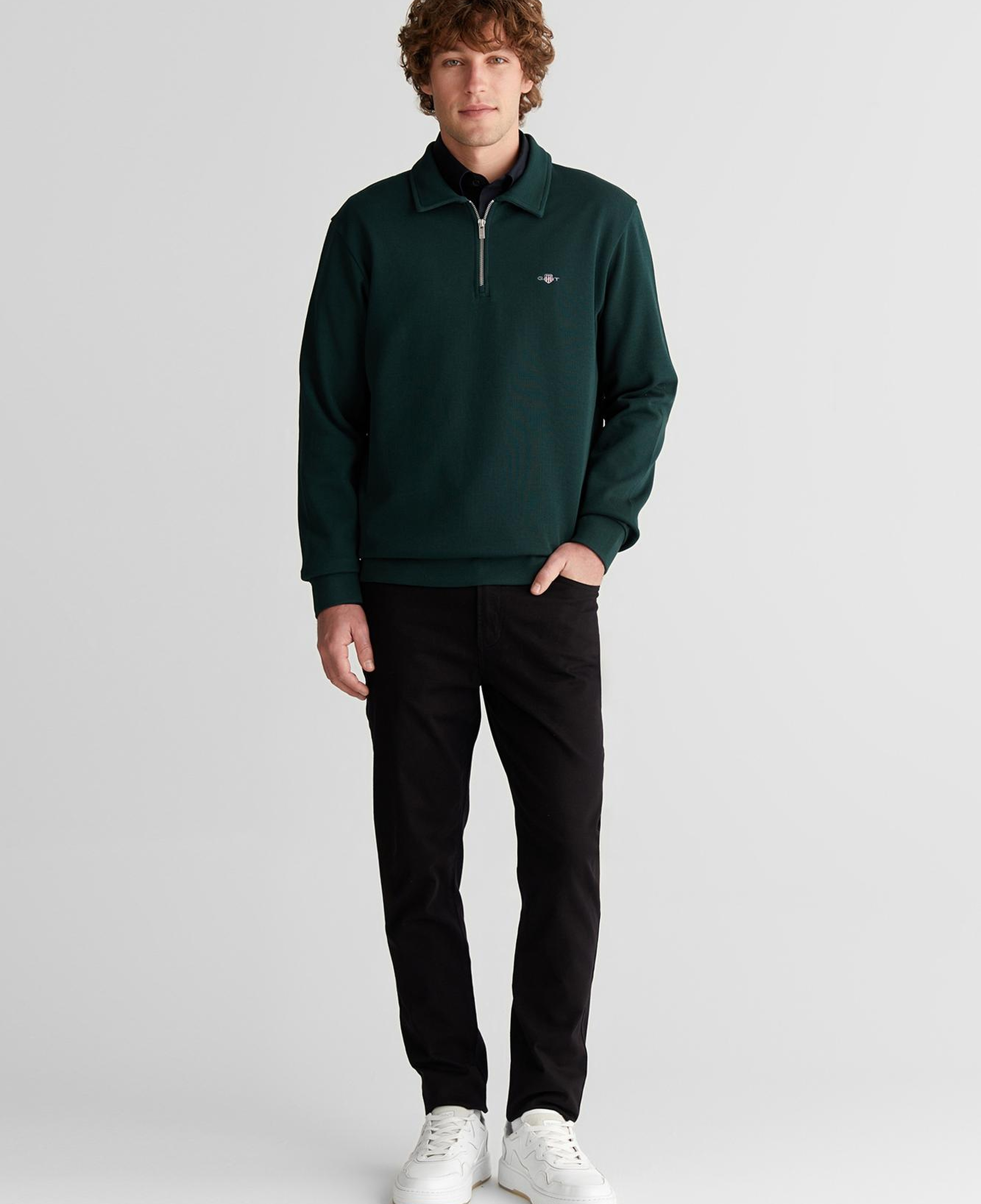 GANT Erkek Yeşil Regular Fit Yarım Fermuarlı Logolu Sweatshirt