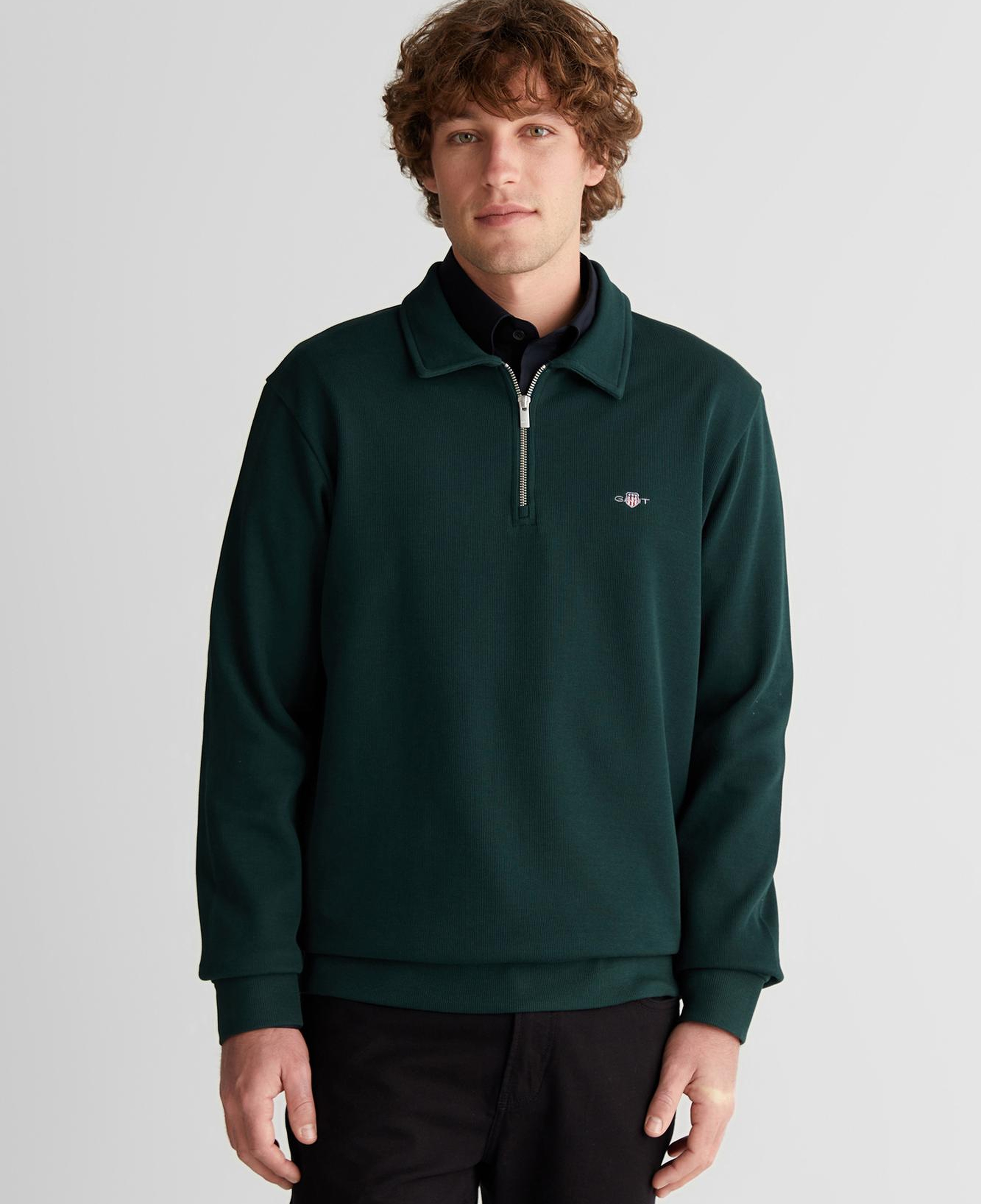 GANT Erkek Yeşil Regular Fit Yarım Fermuarlı Logolu Sweatshirt