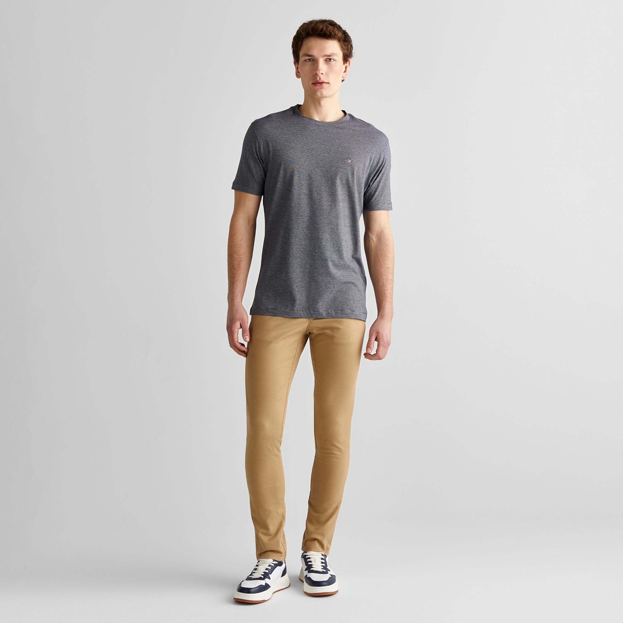 GANT Erkek Lacivert Regular Fit Bisiklet Yaka Çizgili T-Shirt