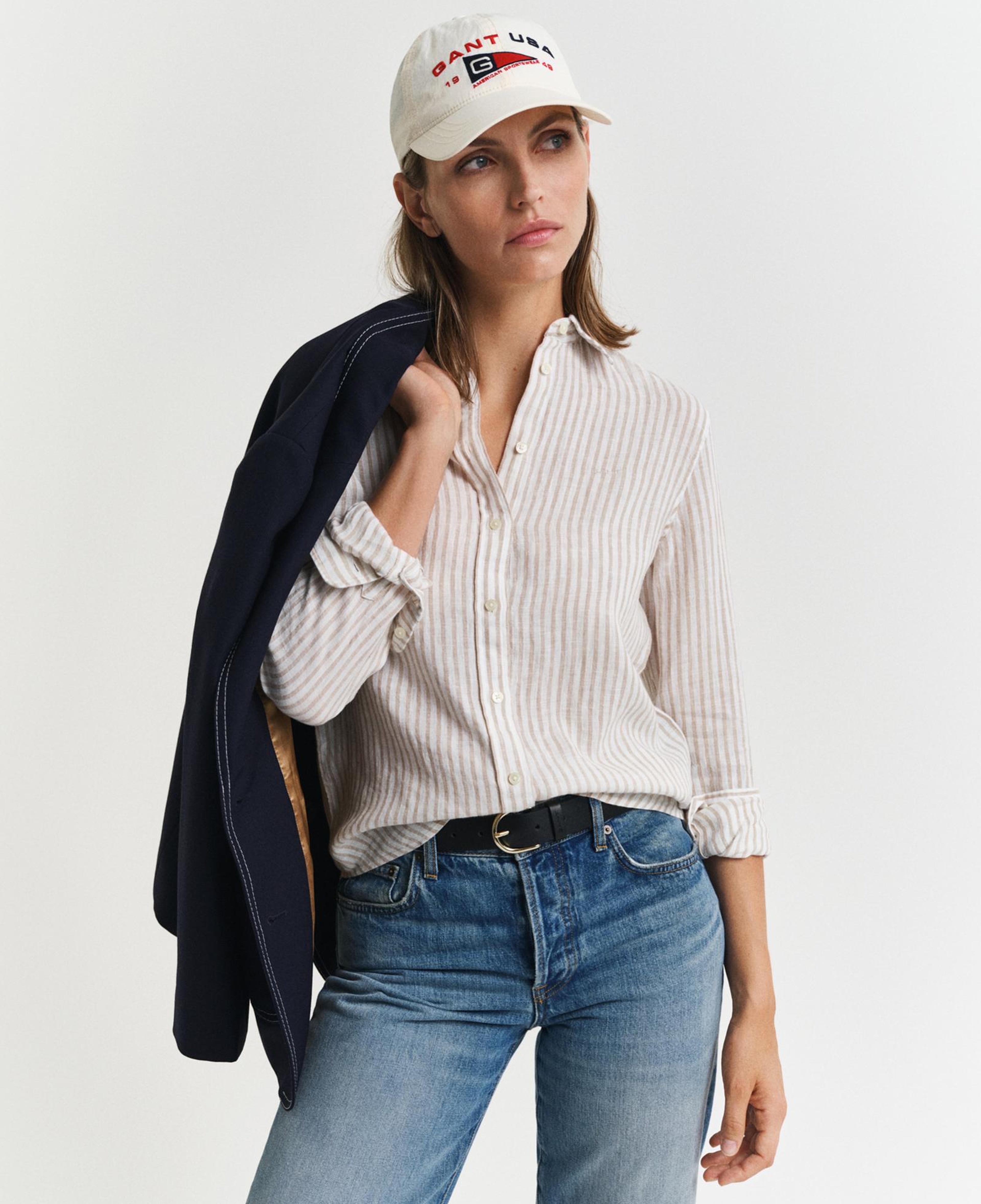 GANT Kadın Bej Regular Fit Klasik Yaka Çizgili Keten Gömlek