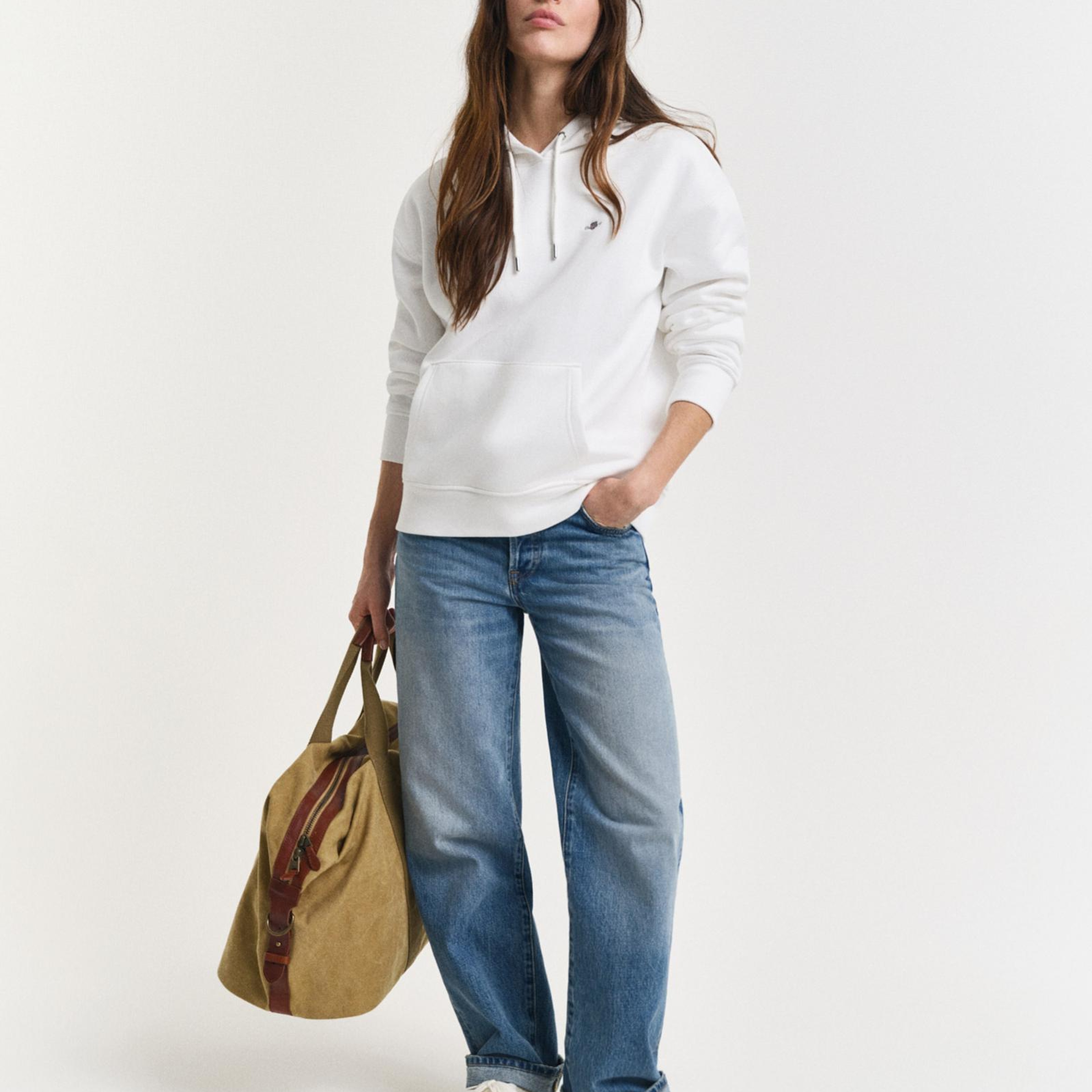 GANT Kadın Beyaz Relaxed Fit Kapüşonlu Sweatshirt