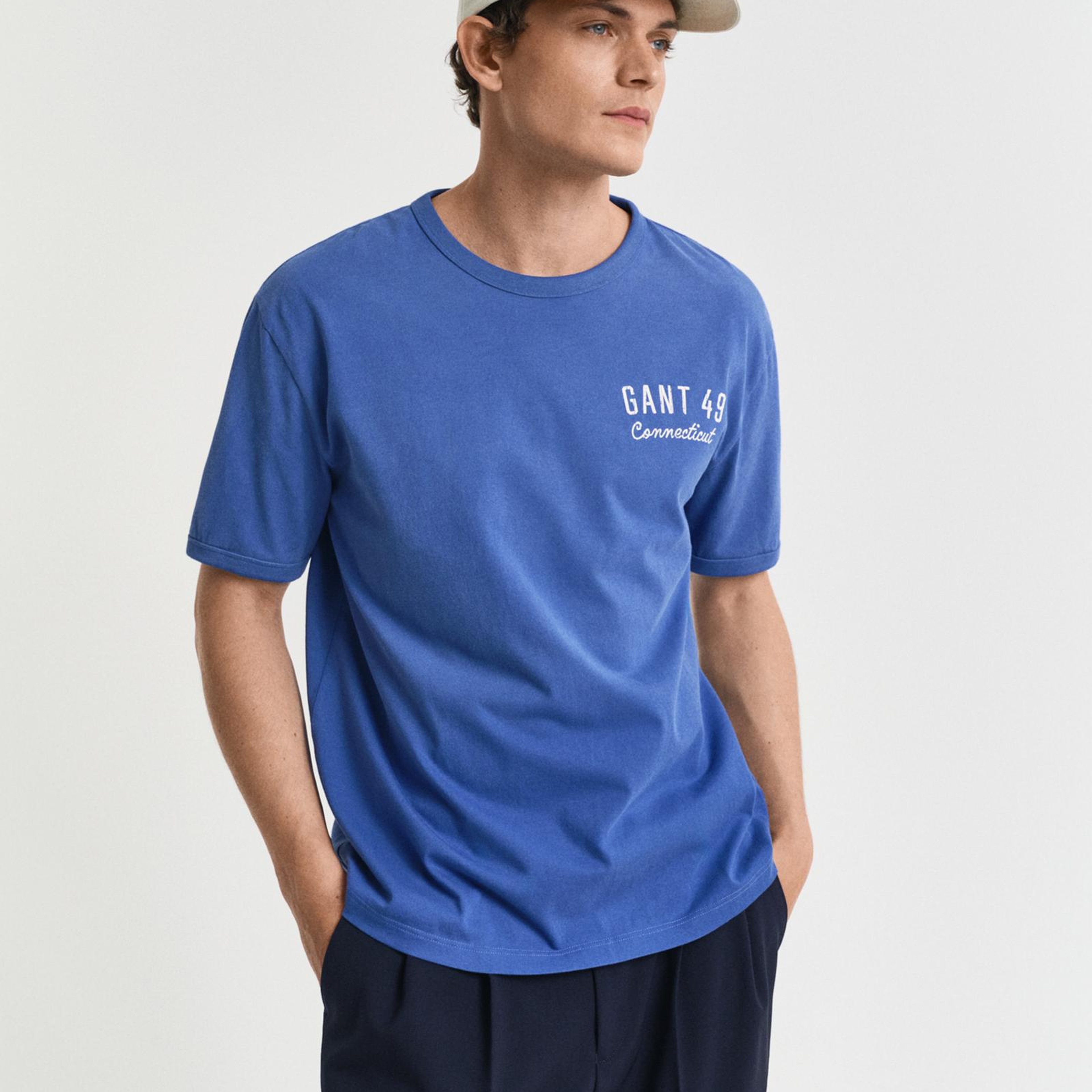 GANT Erkek Mavi Relaxed Fit Bisiklet Yaka Logolu T-Shirt