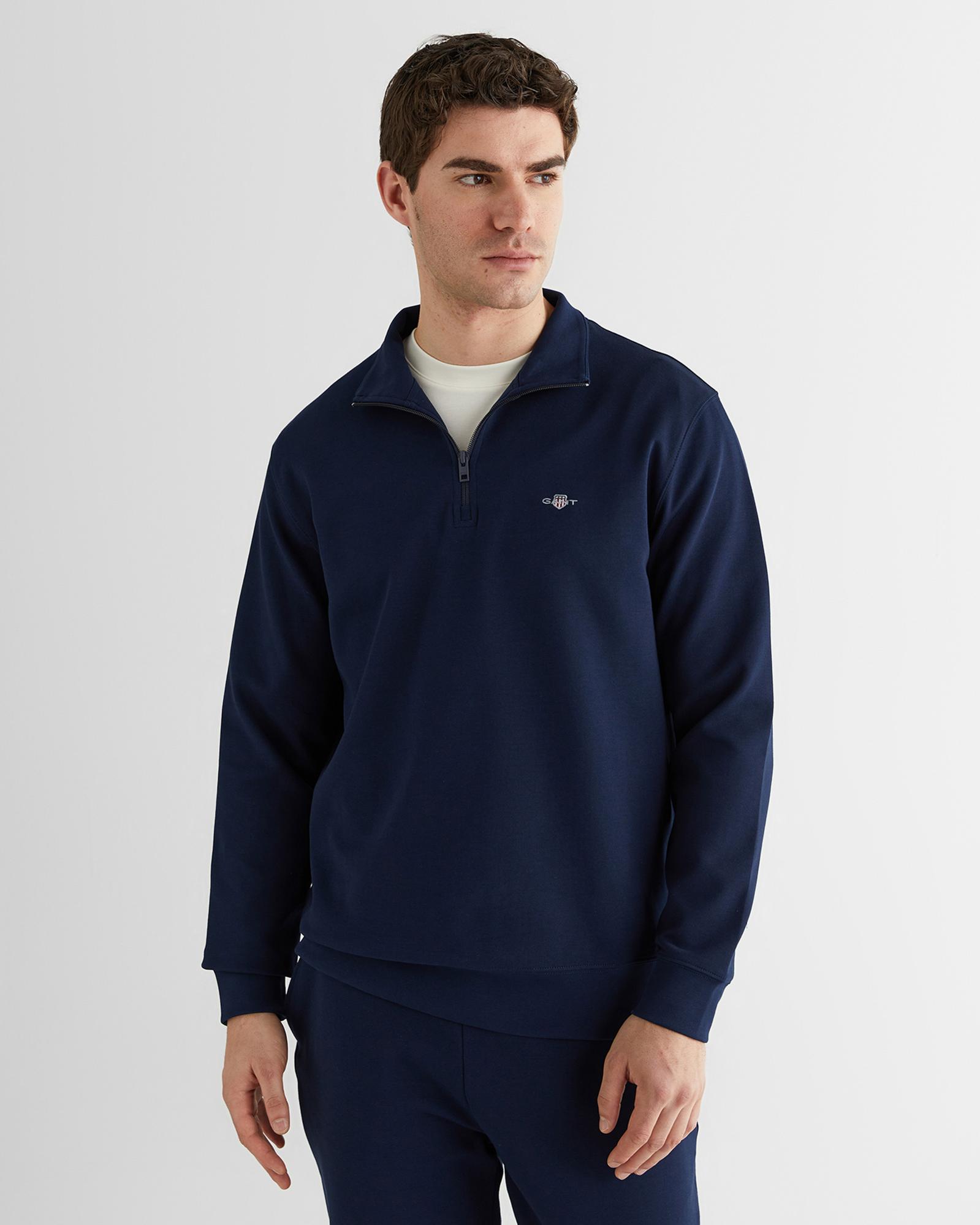 GANT Erkek Lacivert Relaxed Fit Yarım Fermuarlı Logolu Sweatshirt