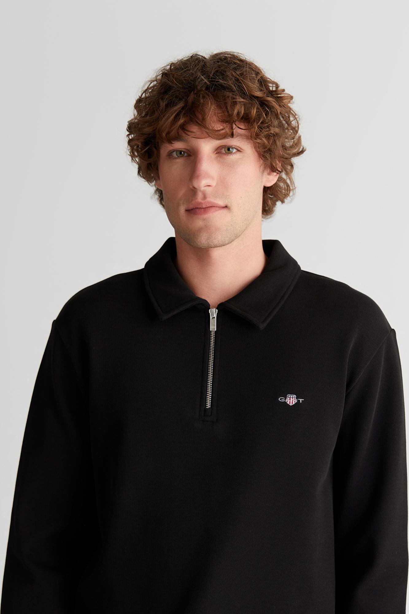 GANT Erkek Siyah Regular Fit Yarım Fermuarlı Logolu Sweatshirt